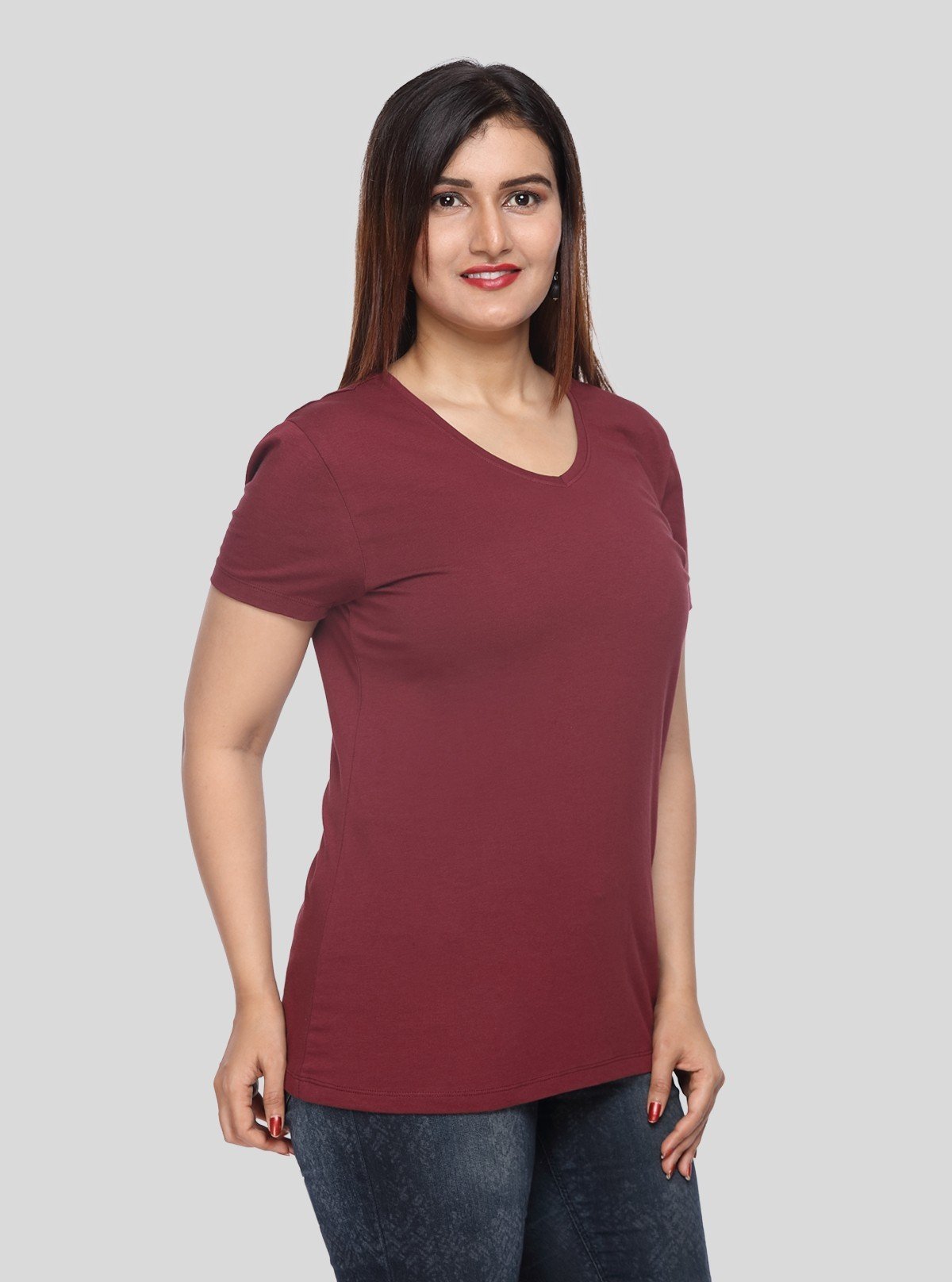 Women’s Burgundy V - Neck Short Sleeve Cotton Jersey T-Shirt by Boer and Fitch - Boer and Fitch