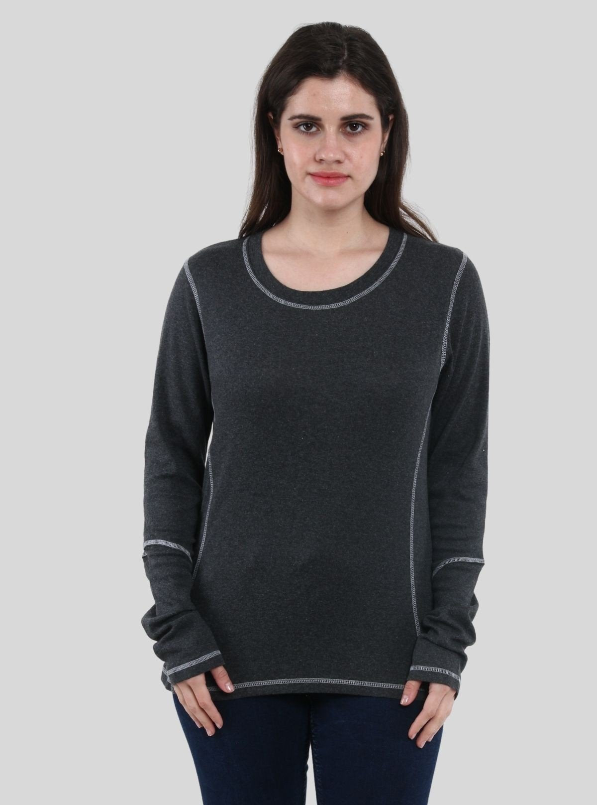 Women's Charcoal Melange Fancy Long Sleeve Ribbed Cotton Top - Boer and Fitch