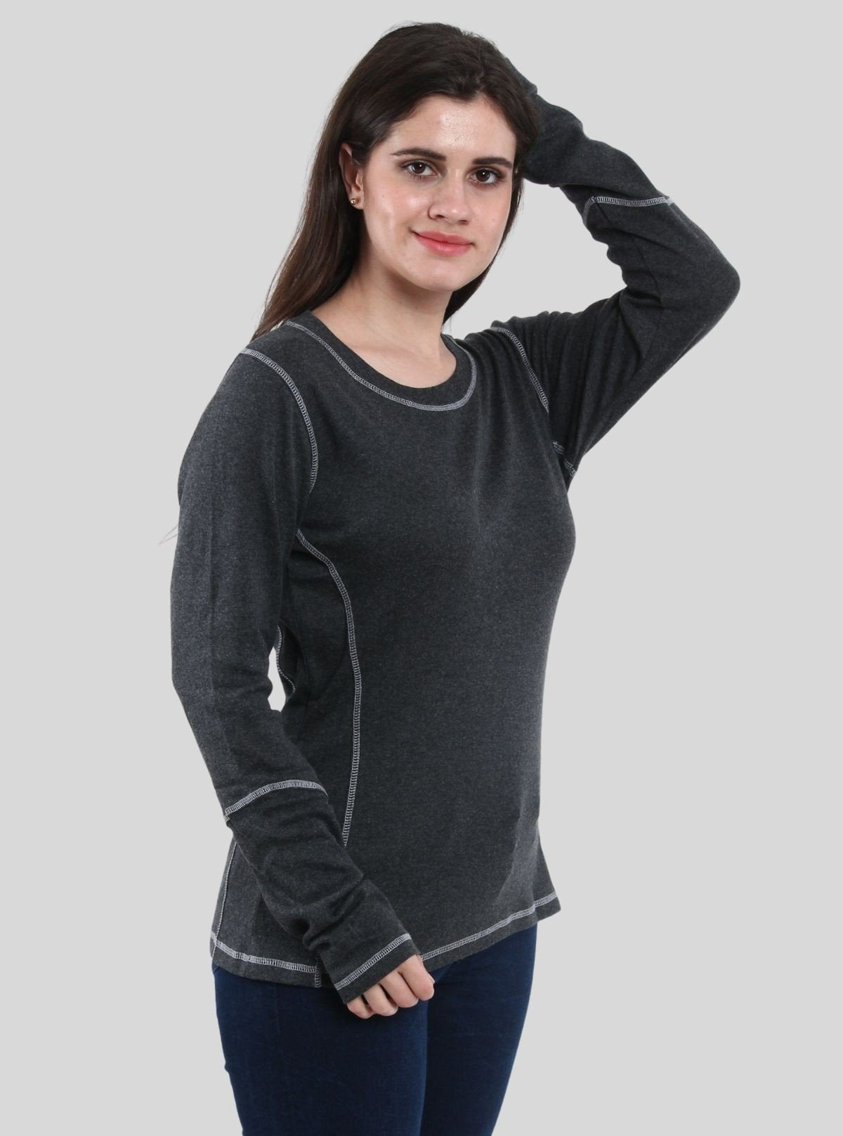 Women's Charcoal Melange Fancy Long Sleeve Ribbed Cotton Top - Boer and Fitch