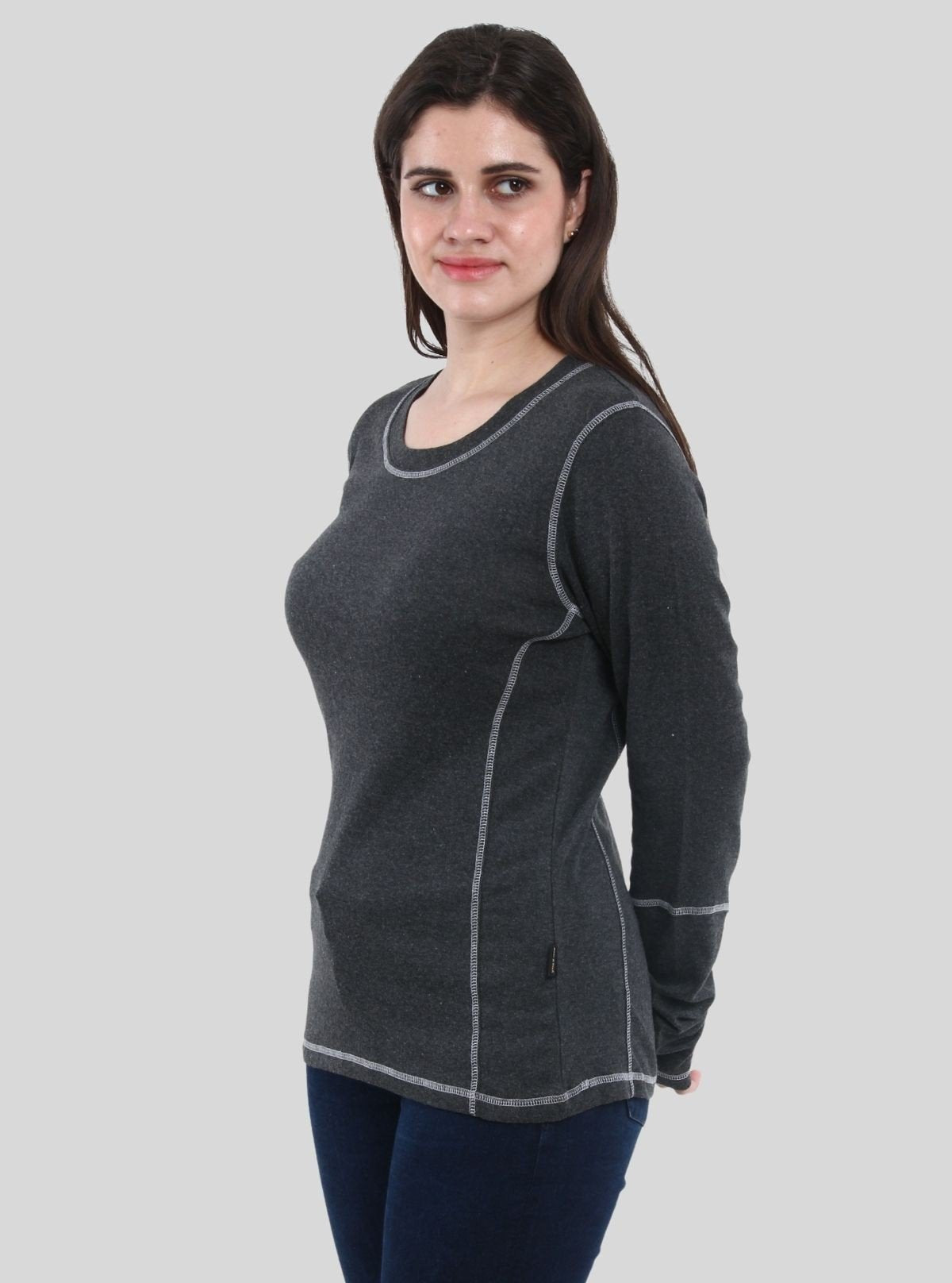 Women's Charcoal Melange Fancy Long Sleeve Ribbed Cotton Top - Boer and Fitch