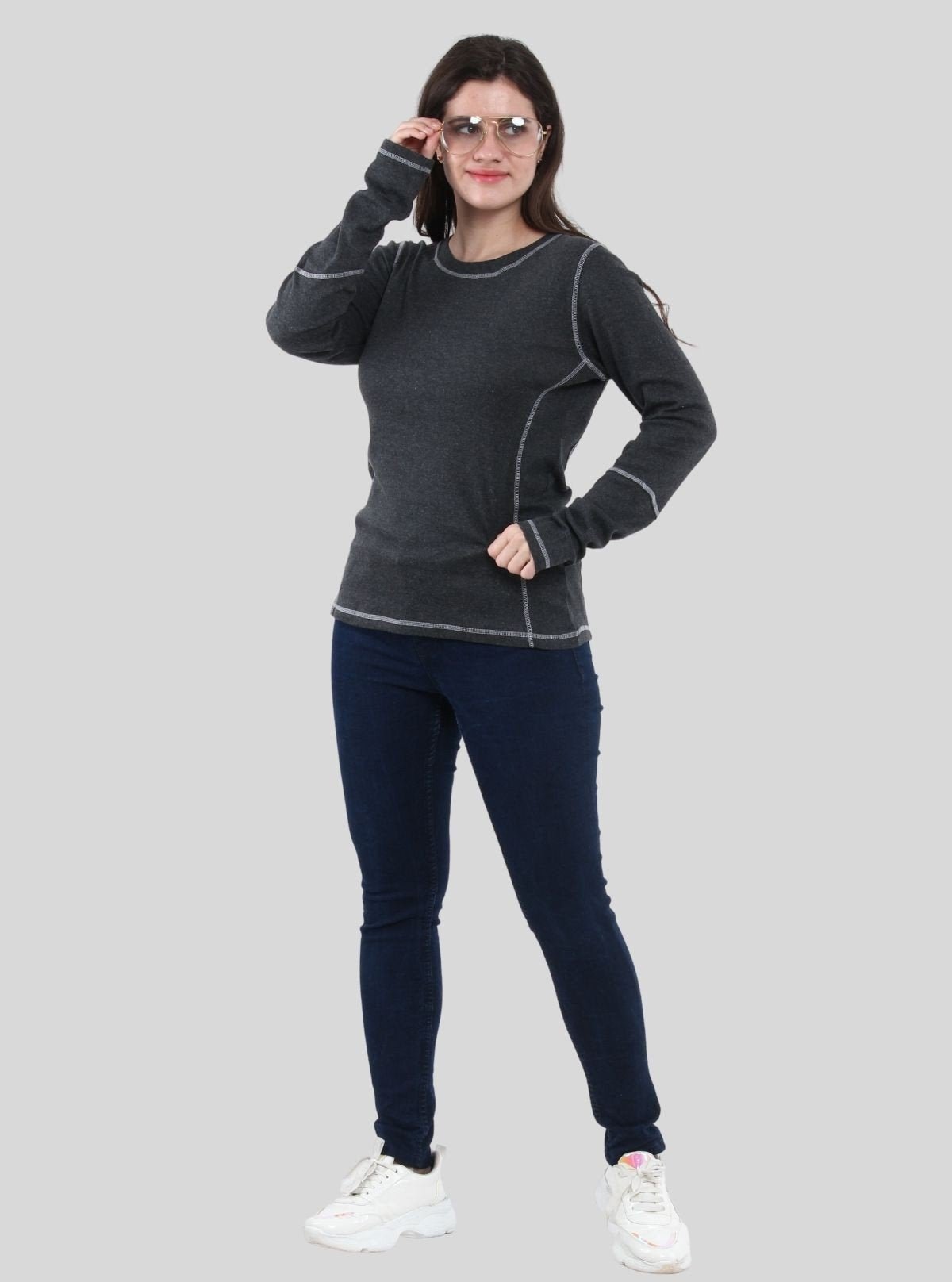 Women's Charcoal Melange Fancy Long Sleeve Ribbed Cotton Top - Boer and Fitch