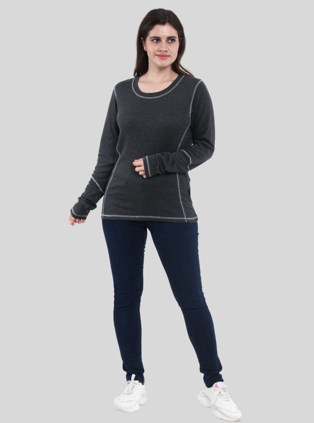 Women's Charcoal Melange Fancy Long Sleeve Ribbed Cotton Top - Boer and Fitch