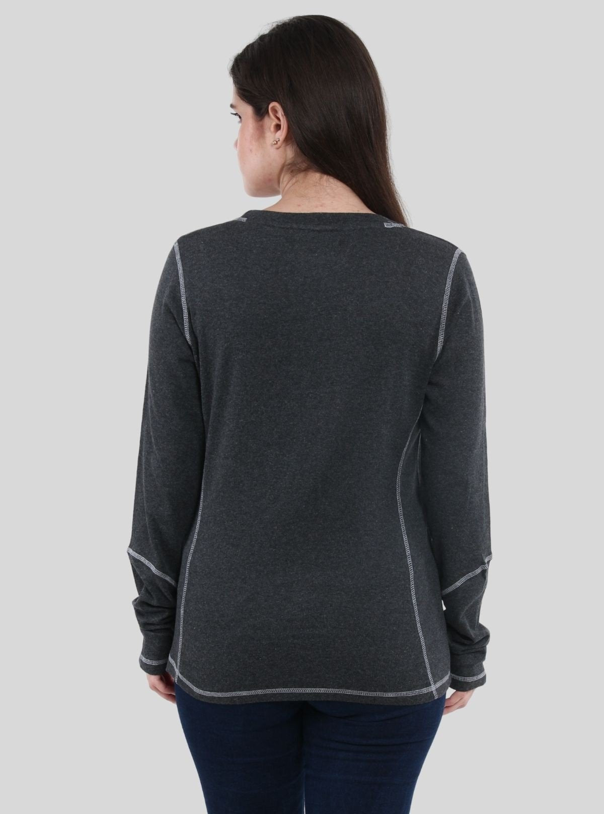 Women's Charcoal Melange Fancy Long Sleeve Ribbed Cotton Top - Boer and Fitch