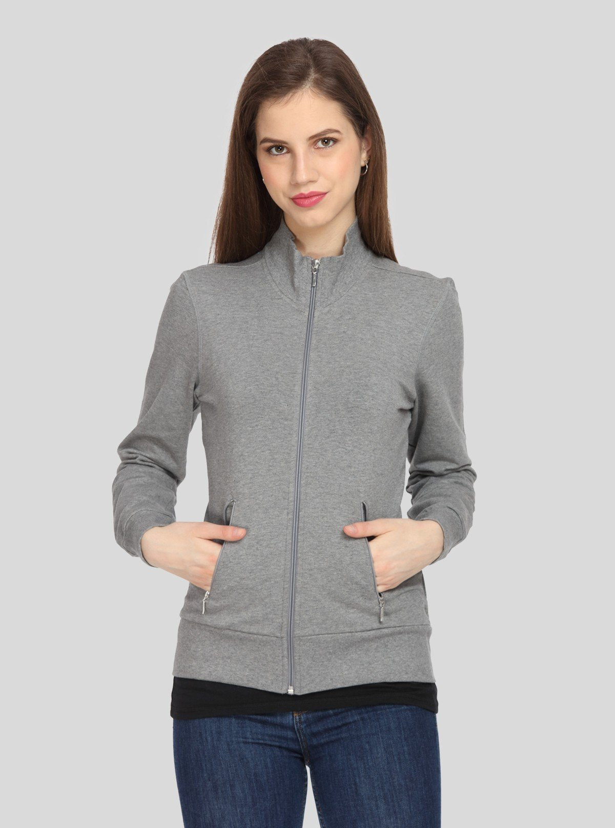 Women’s Charcoal Melange Full Sleeve Zipper Sweatshirt in Cotton Fleece - Boer and Fitch
