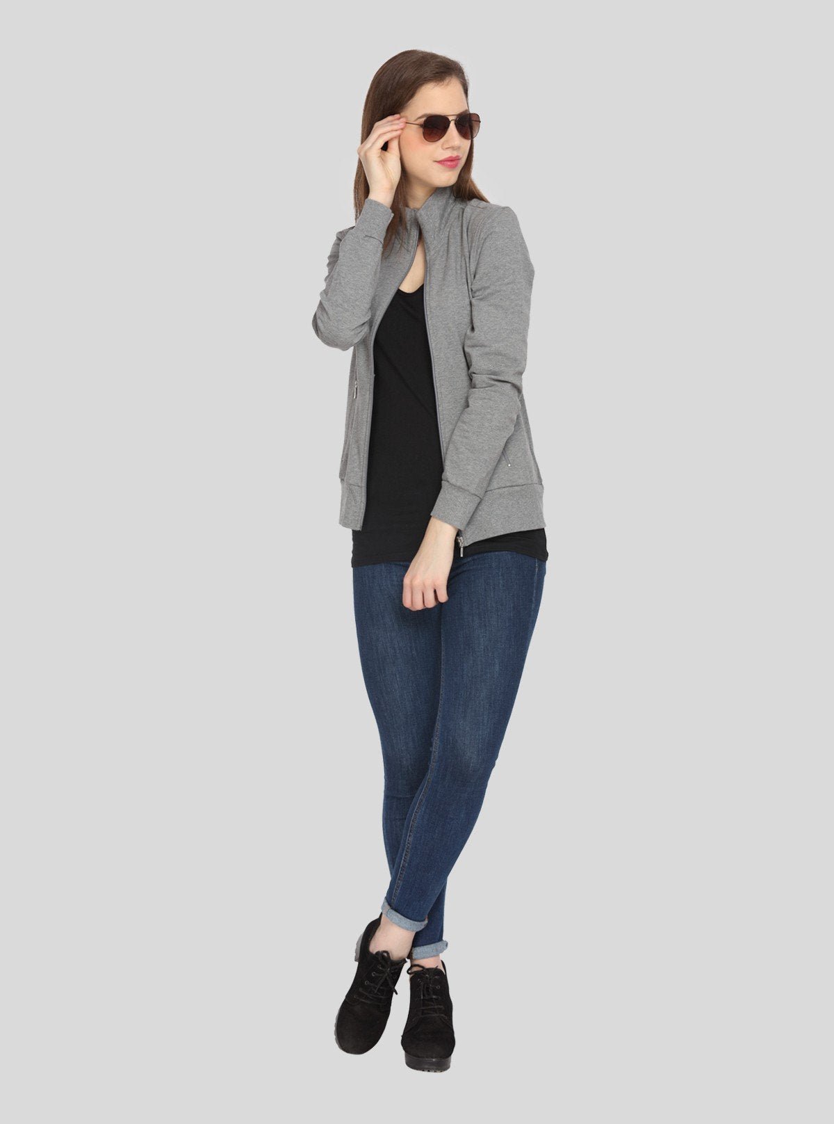 Women’s Charcoal Melange Full Sleeve Zipper Sweatshirt in Cotton Fleece - Boer and Fitch