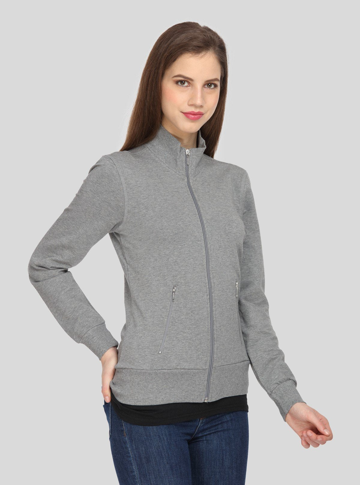 Women’s Charcoal Melange Full Sleeve Zipper Sweatshirt in Cotton Fleece - Boer and Fitch