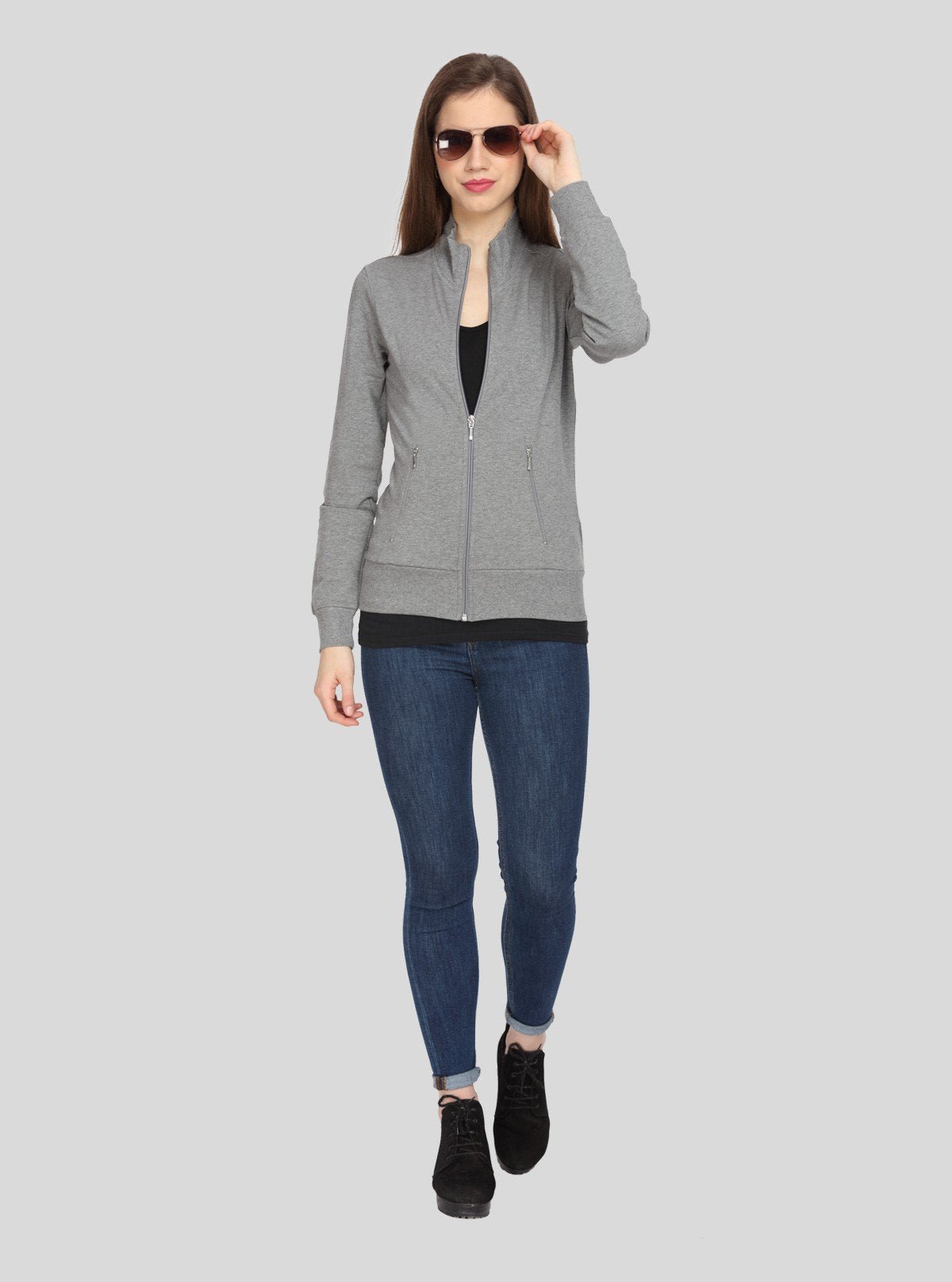 Women’s Charcoal Melange Full Sleeve Zipper Sweatshirt in Cotton Fleece - Boer and Fitch