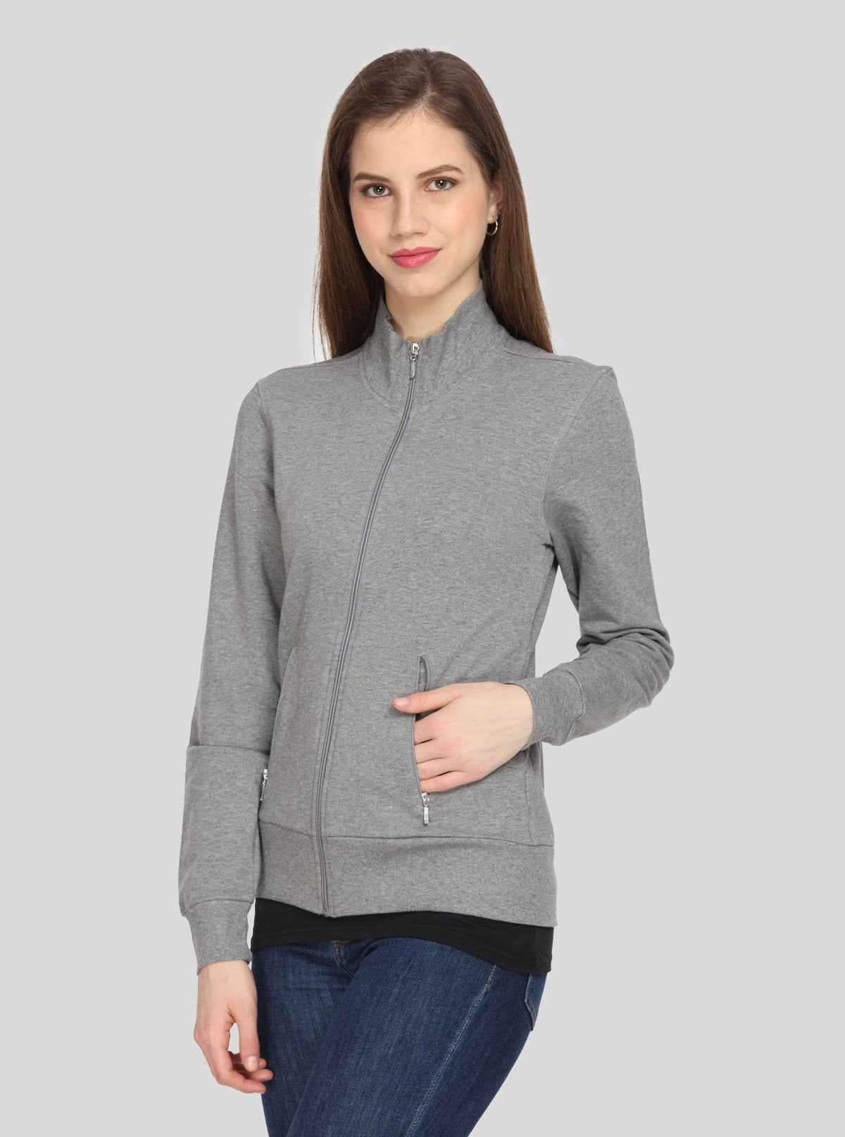 Women’s Charcoal Melange Full Sleeve Zipper Sweatshirt in Cotton Fleece - Boer and Fitch