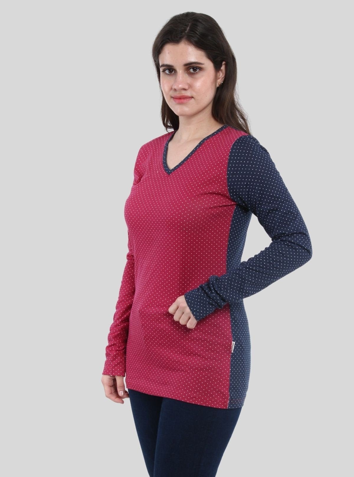 Women's Contrast Polka Print Long Sleeve Cotton Jersey Top - Boer and Fitch