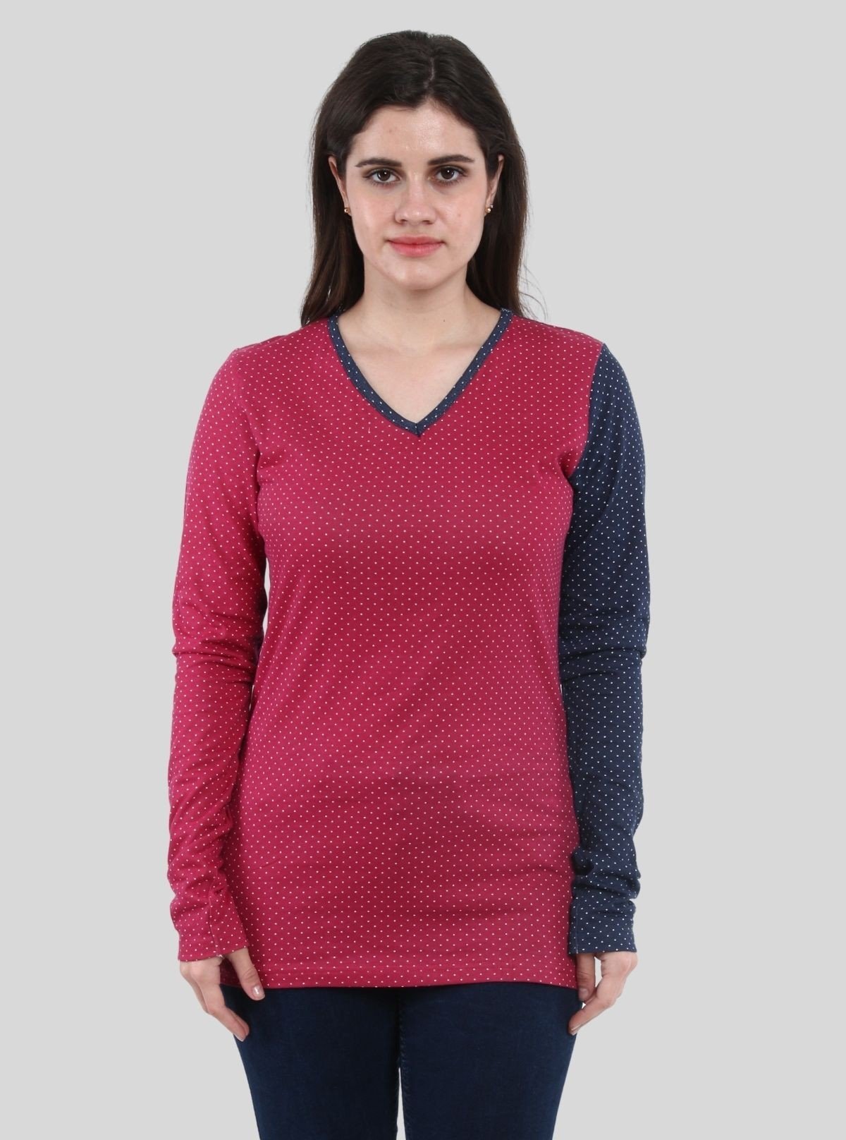 Women's Contrast Polka Print Long Sleeve Cotton Jersey Top - Boer and Fitch