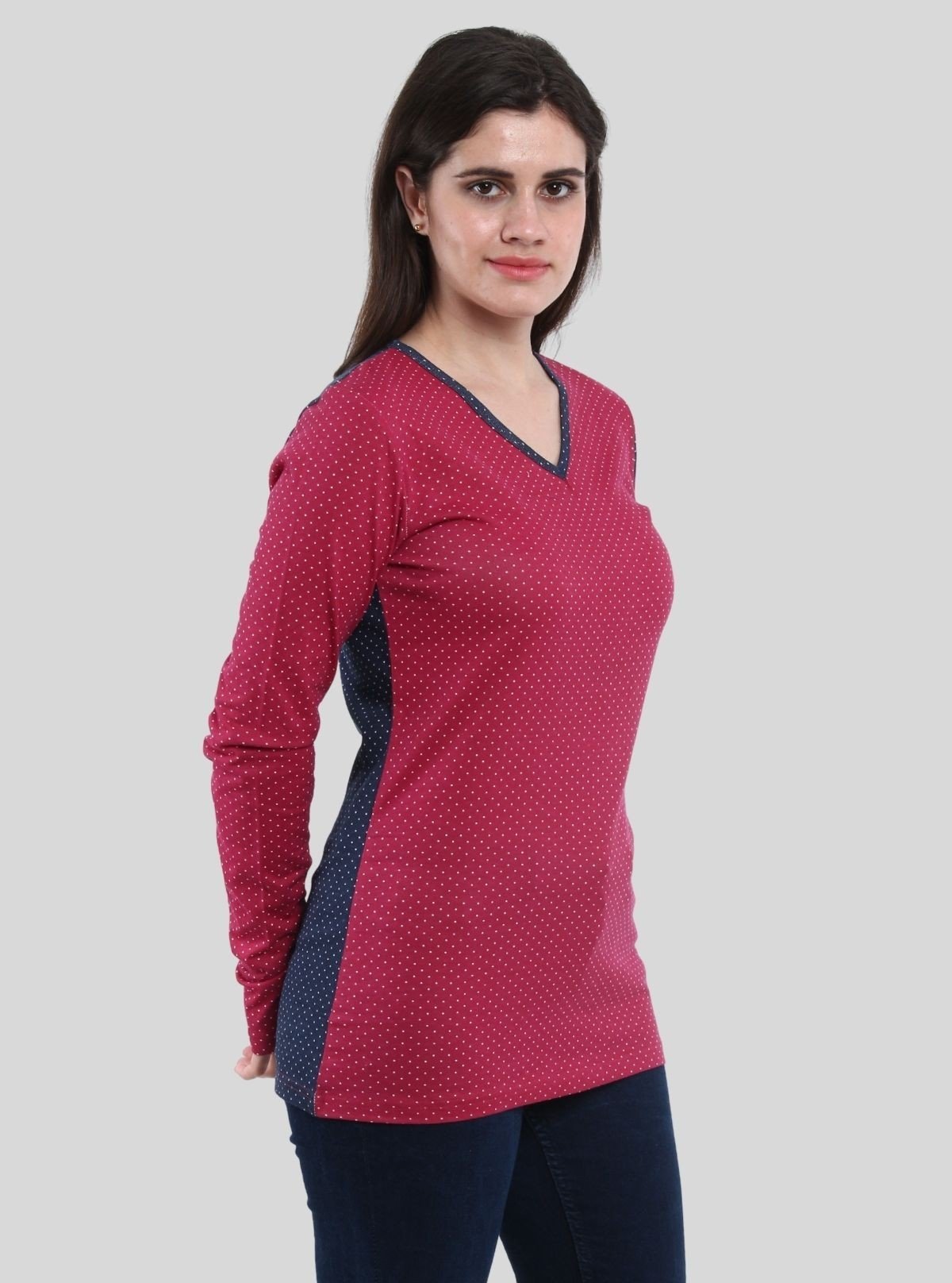 Women's Contrast Polka Print Long Sleeve Cotton Jersey Top - Boer and Fitch