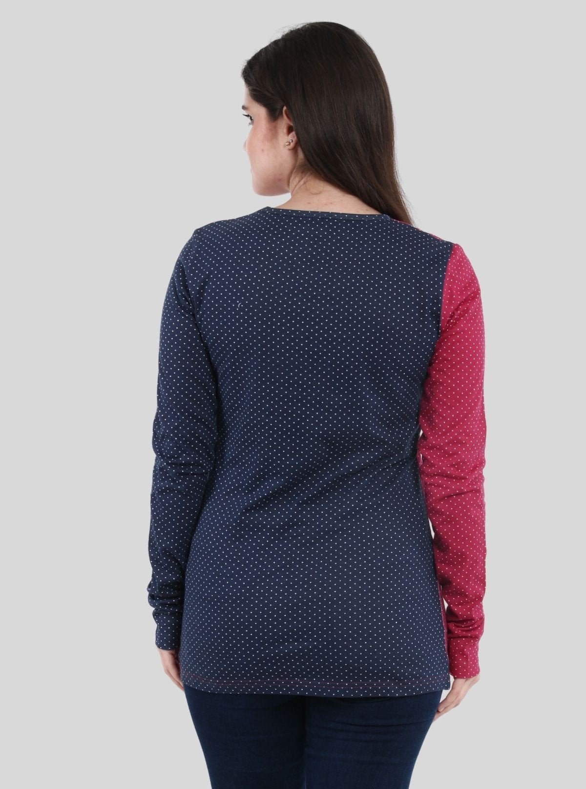 Women's Contrast Polka Print Long Sleeve Cotton Jersey Top - Boer and Fitch