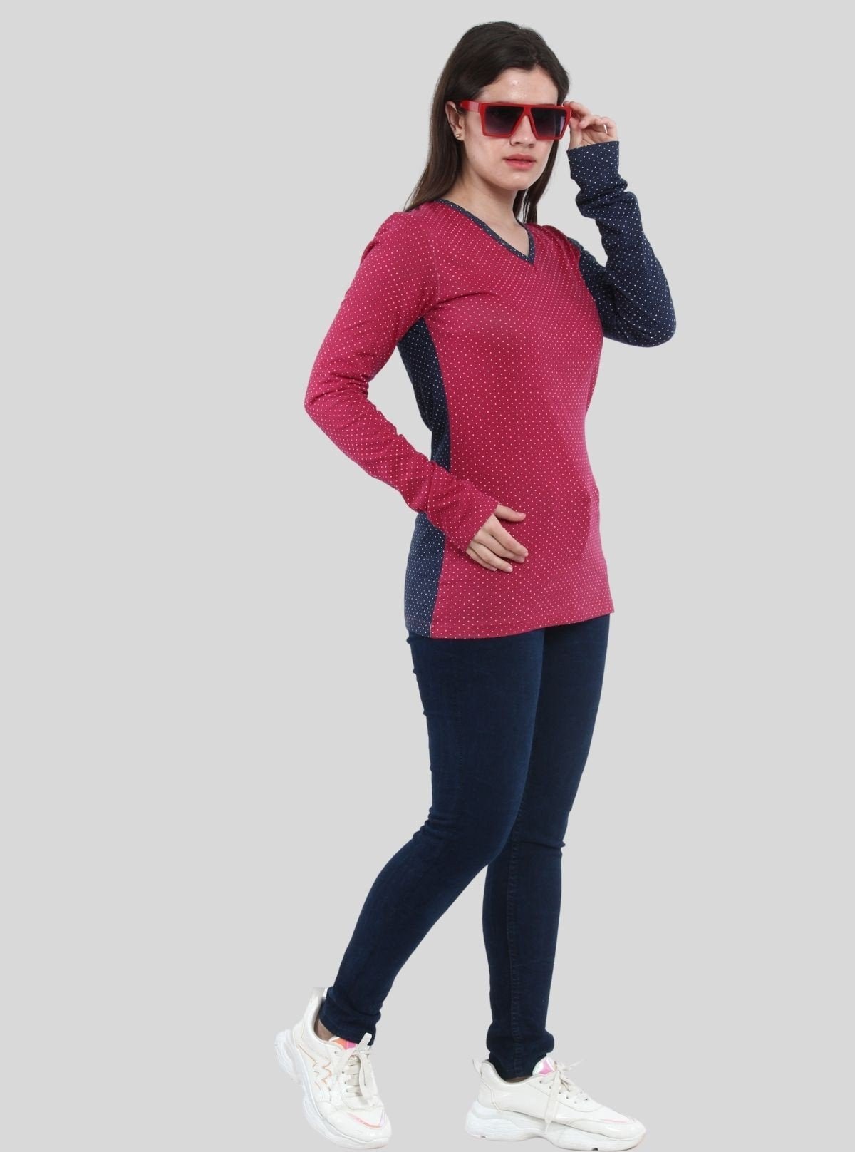 Women's Contrast Polka Print Long Sleeve Cotton Jersey Top - Boer and Fitch