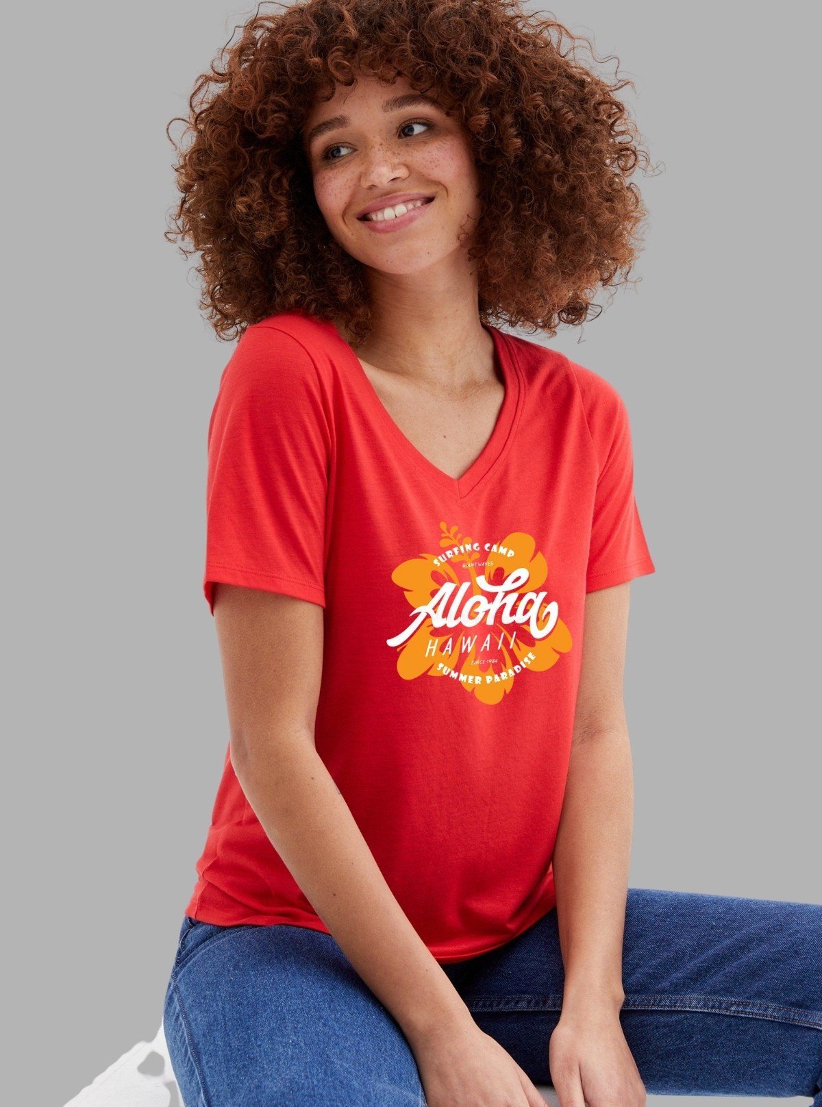 Women’s Coral Chest Printed V - Neck Short Sleeve Cotton Jersey T-Shirt by Boer and Fitch - Boer and Fitch