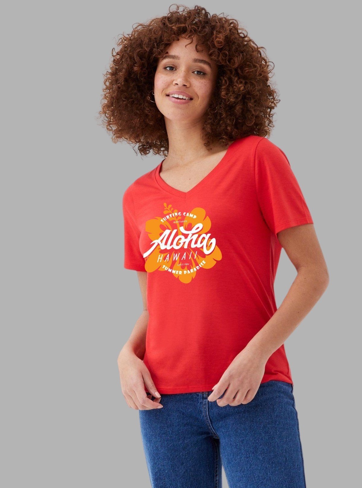 Women’s Coral Chest Printed V - Neck Short Sleeve Cotton Jersey T-Shirt by Boer and Fitch - Boer and Fitch