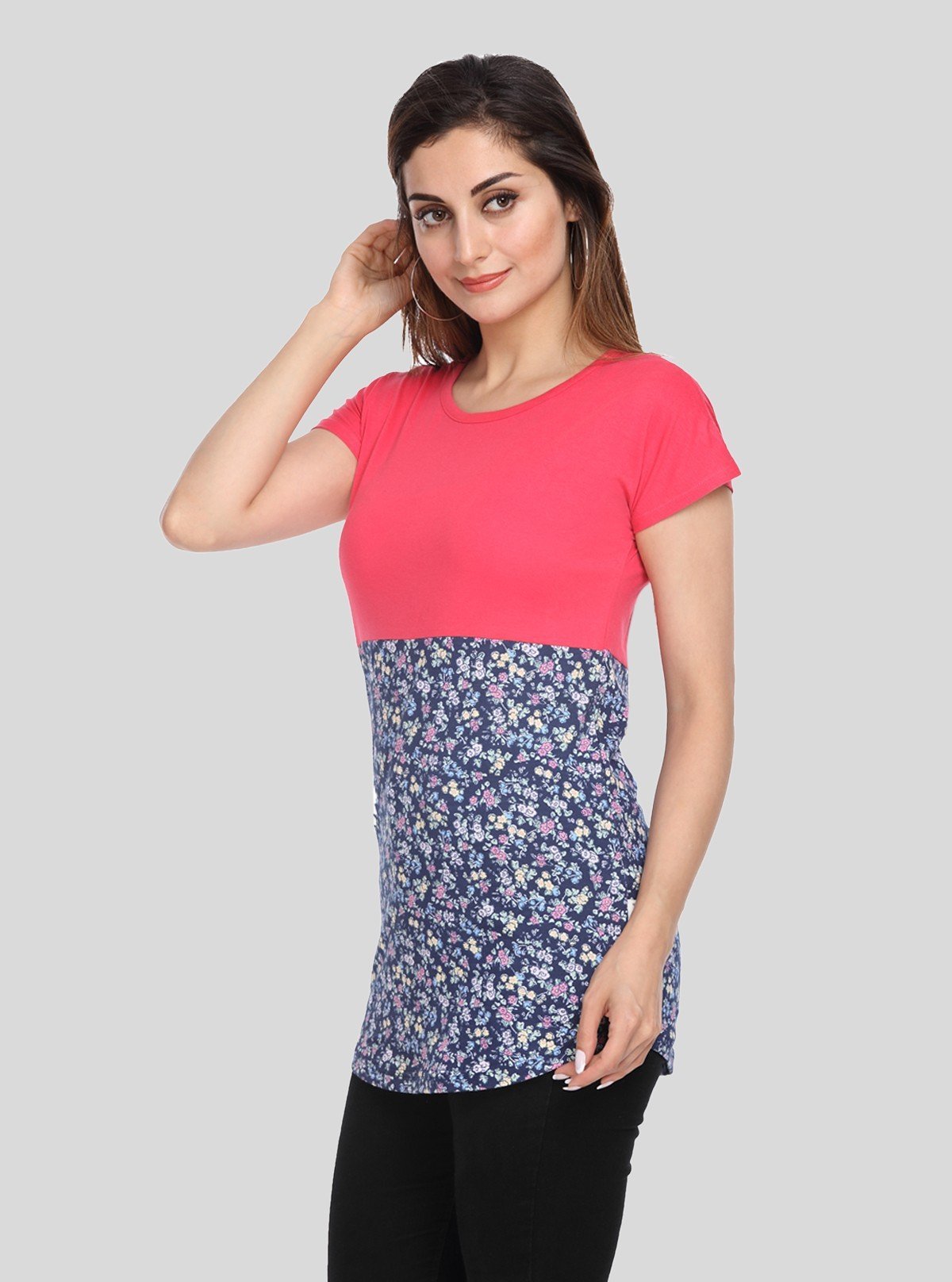 Women’s Coral Cut and Sew Cotton Jersey Top with Printed Bottom Panel | Boer & Fitch - Boer and Fitch