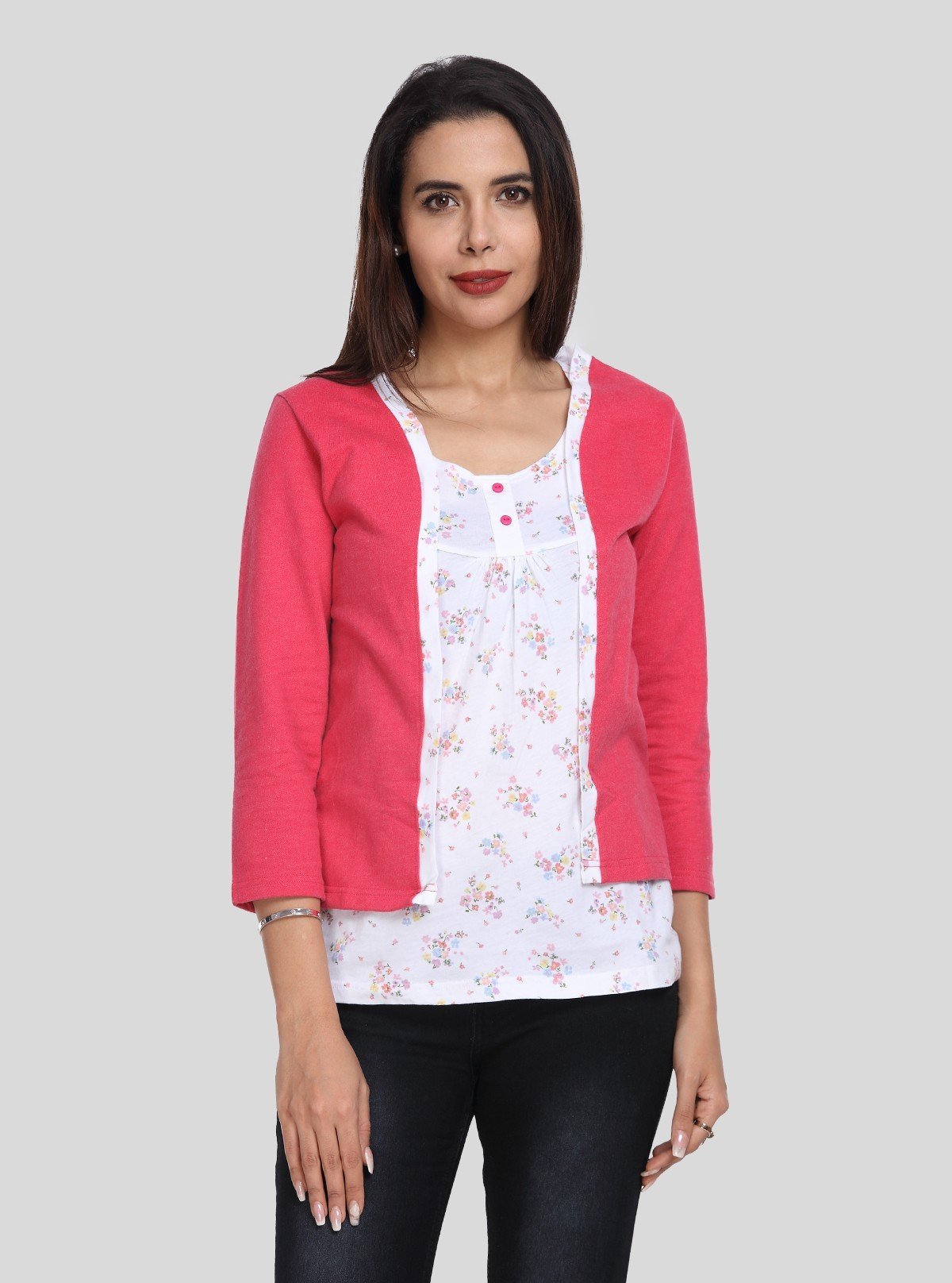 Women's Coral Pink Cotton Shrug with White Floral Inner – Boer and Fitch - Boer and Fitch