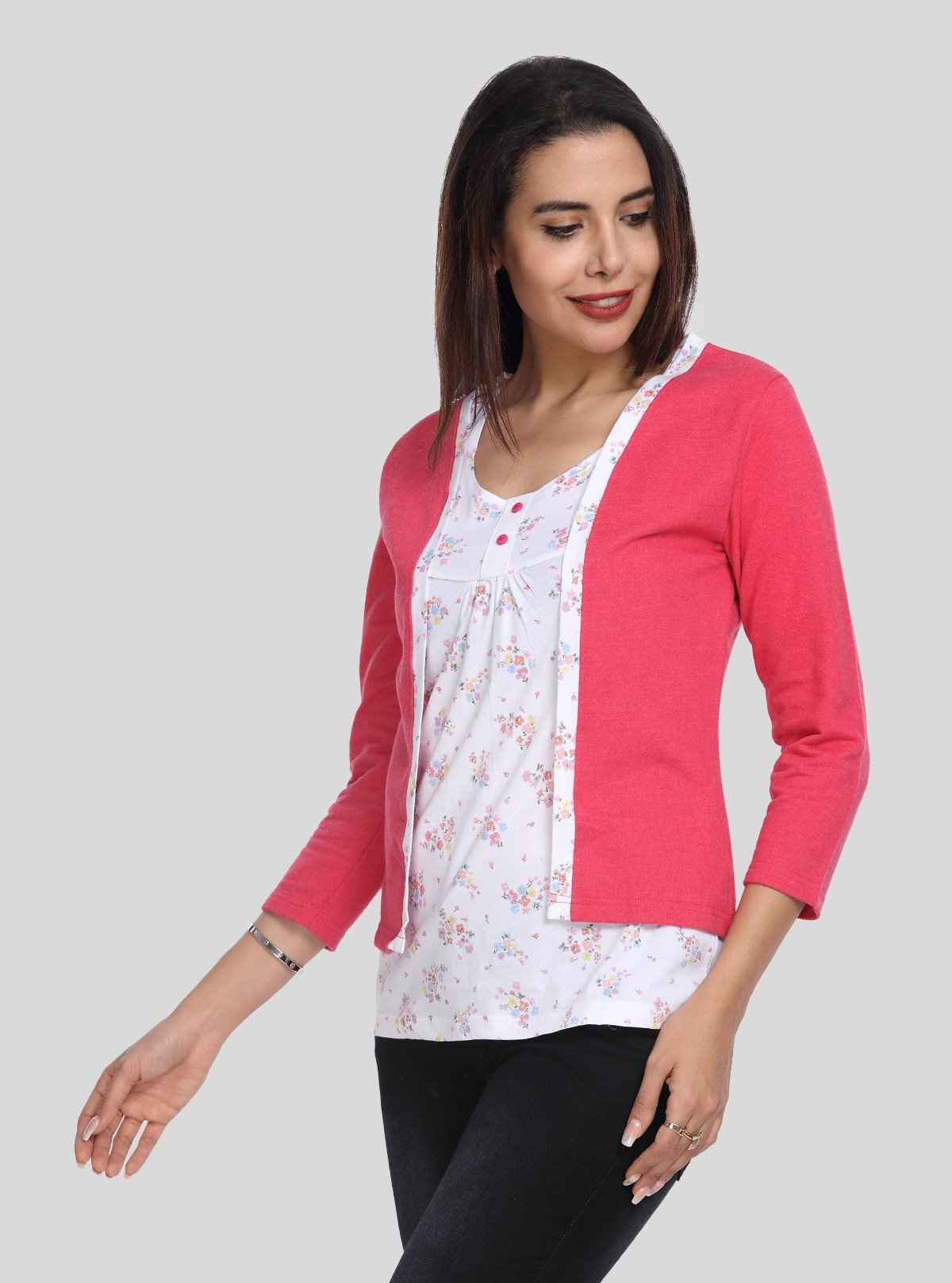 Women's Coral Pink Cotton Shrug with White Floral Inner – Boer and Fitch - Boer and Fitch