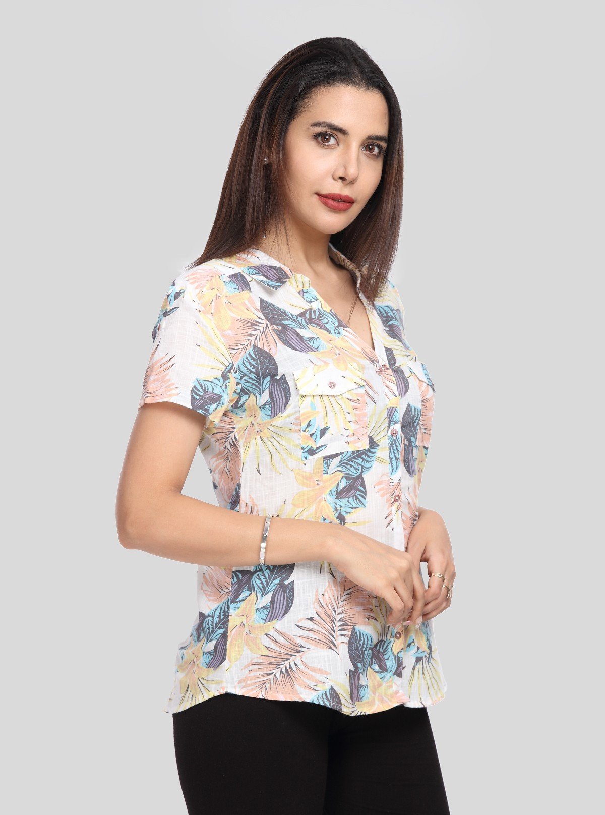 Women’s Cream Floral Print Short Sleeve Cotton Shirt – Boer and Fitch - Boer and Fitch