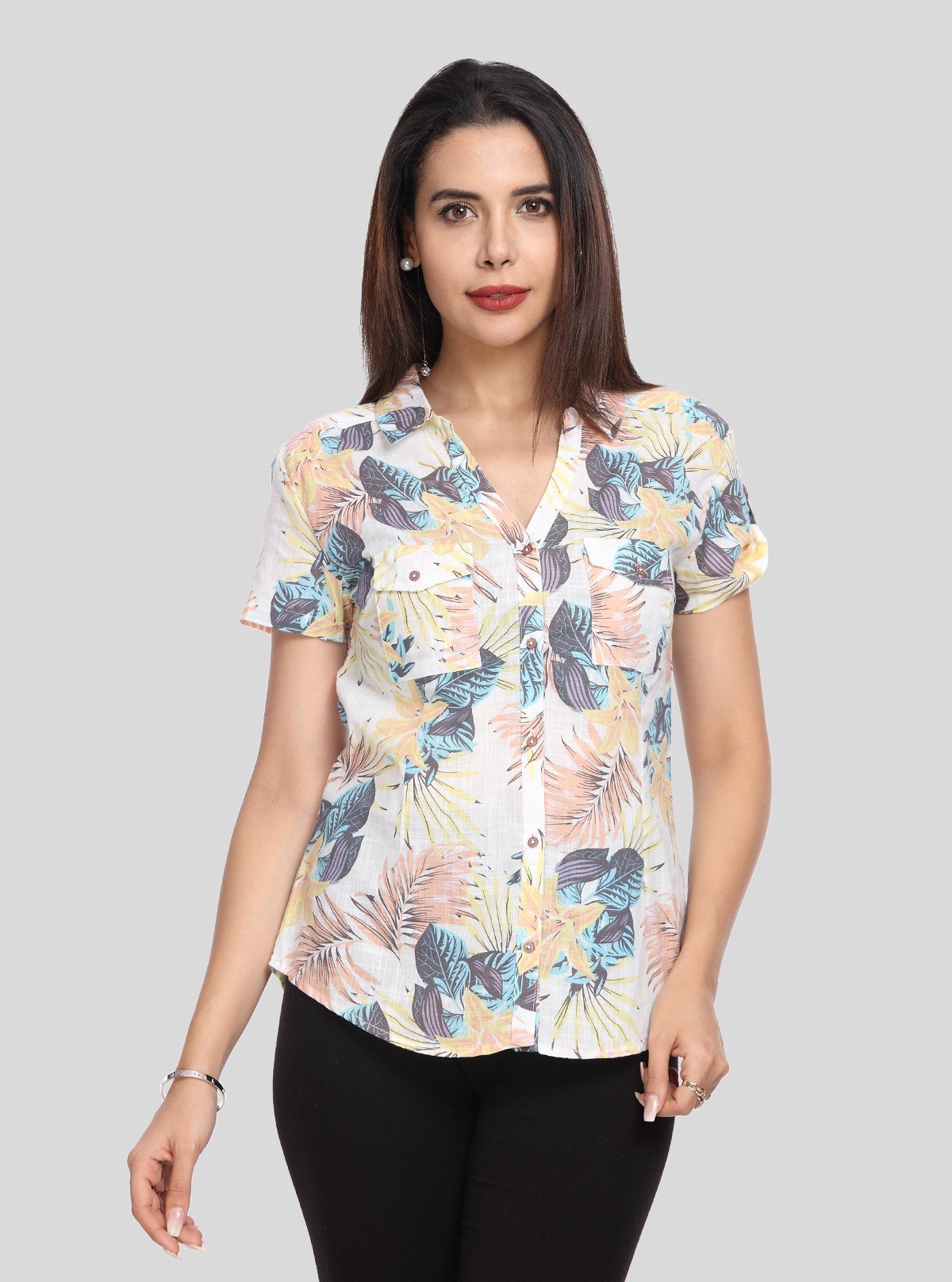 Women’s Cream Floral Print Short Sleeve Cotton Shirt – Boer and Fitch - Boer and Fitch