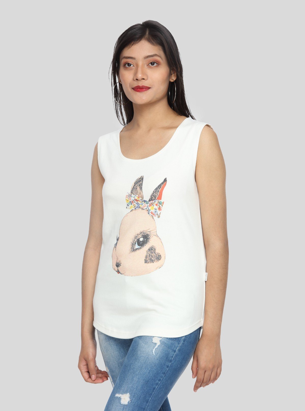 Women’s Cute Rabbit Print White Sleeveless Top – Stylish & Comfortable by Boer and Fitch - Boer and Fitch