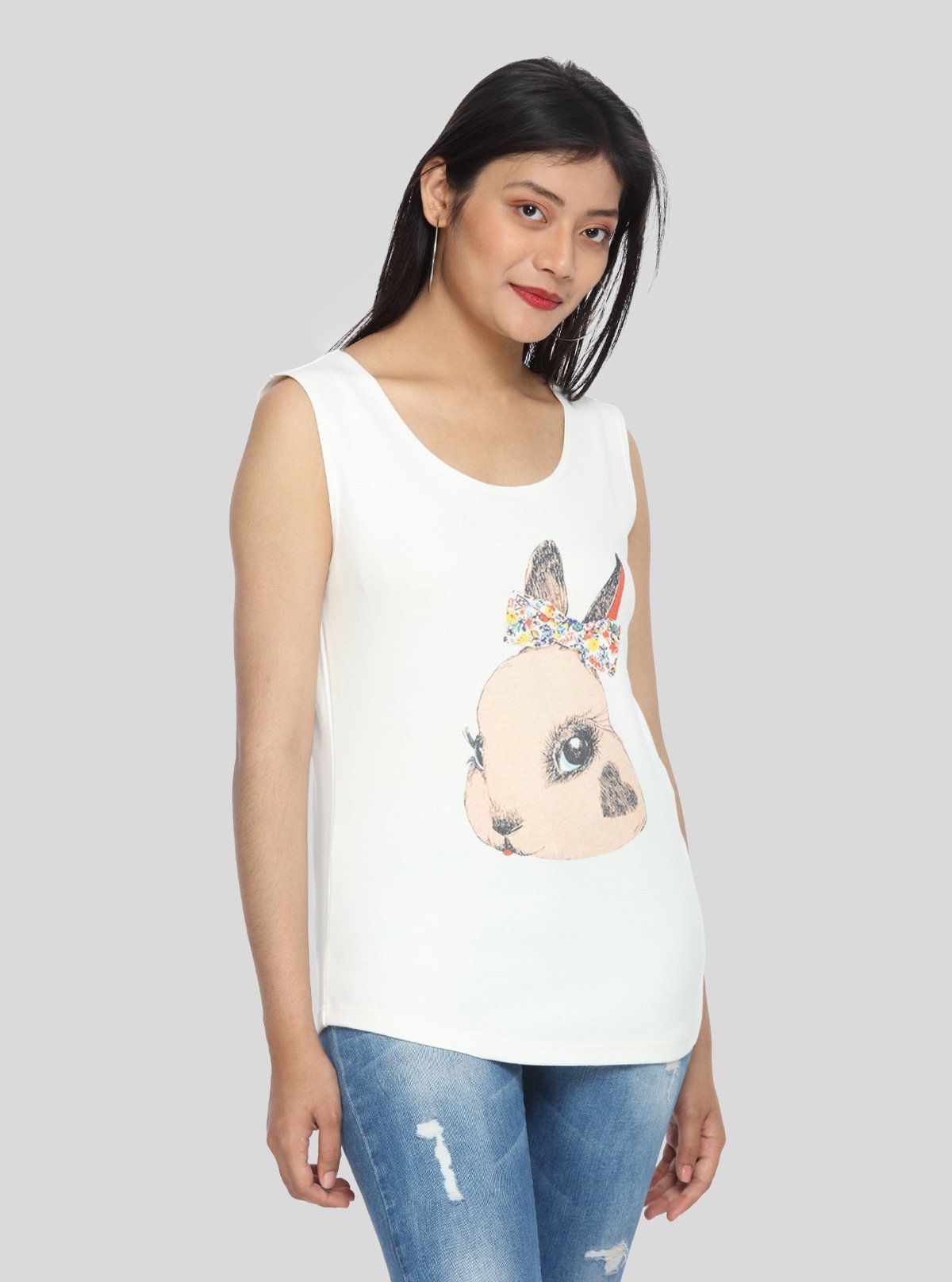 Women’s Cute Rabbit Print White Sleeveless Top – Stylish & Comfortable by Boer and Fitch - Boer and Fitch
