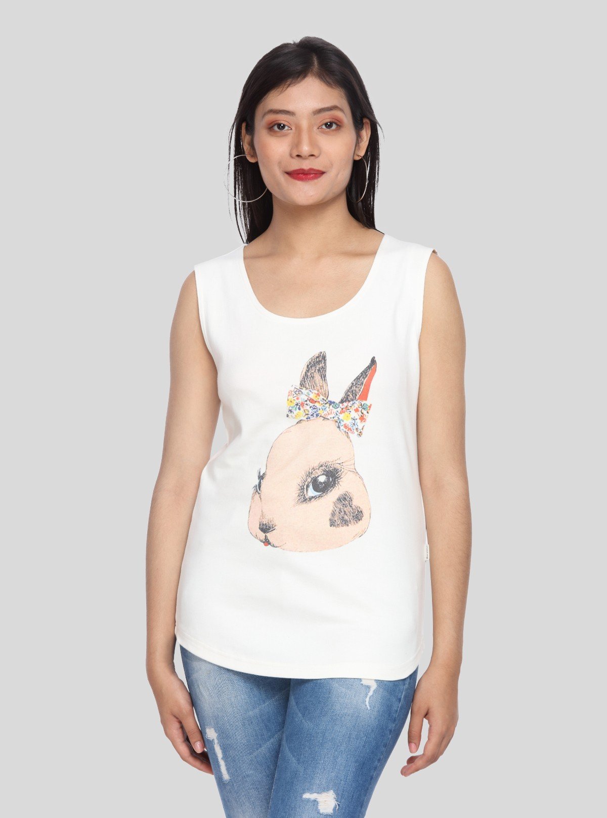 Women’s Cute Rabbit Print White Sleeveless Top – Stylish & Comfortable by Boer and Fitch - Boer and Fitch