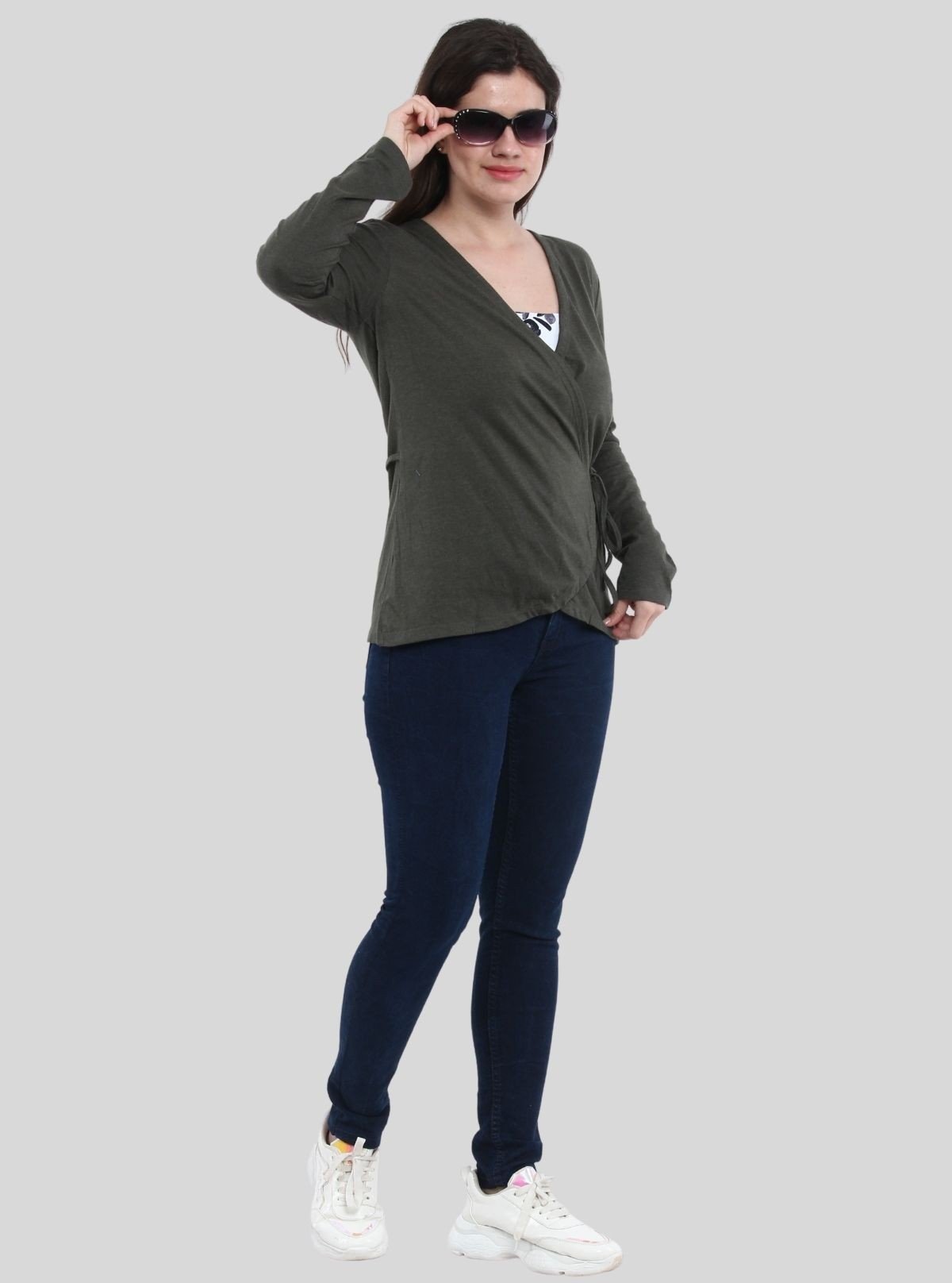 Women's Dark Green Front Knot Shrug in 100% Cotton Feather Touch Fabric - Boer and Fitch