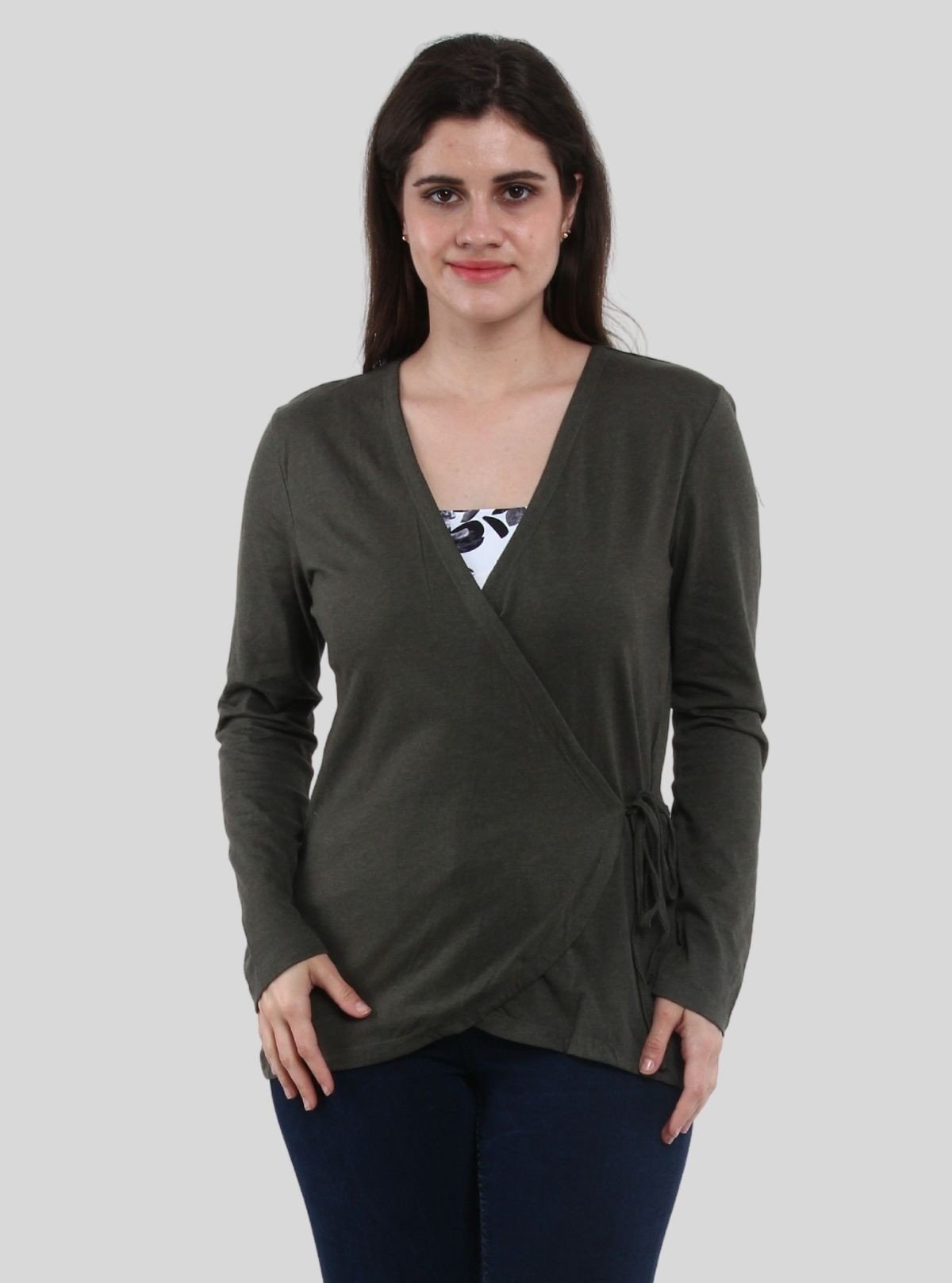 Women's Dark Green Front Knot Shrug in 100% Cotton Feather Touch Fabric - Boer and Fitch