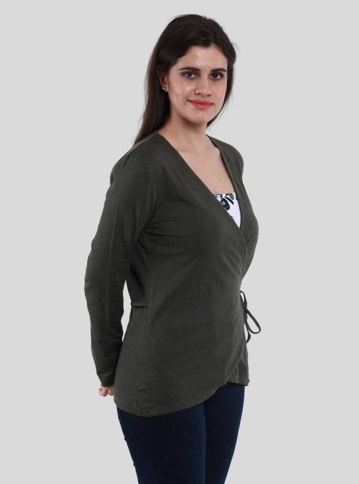 Women's Dark Green Front Knot Shrug in 100% Cotton Feather Touch Fabric - Boer and Fitch