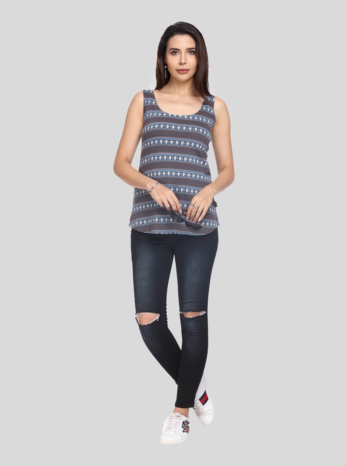 Women’s Dark Melange Printed Striped Sleeveless Cotton Top – Boer and Fitch - Boer and Fitch