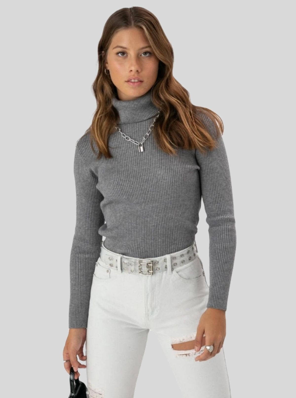 Women’s Dark Melange Ribbed Turtle Neck Pullover with Long Sleeves - Boer and Fitch