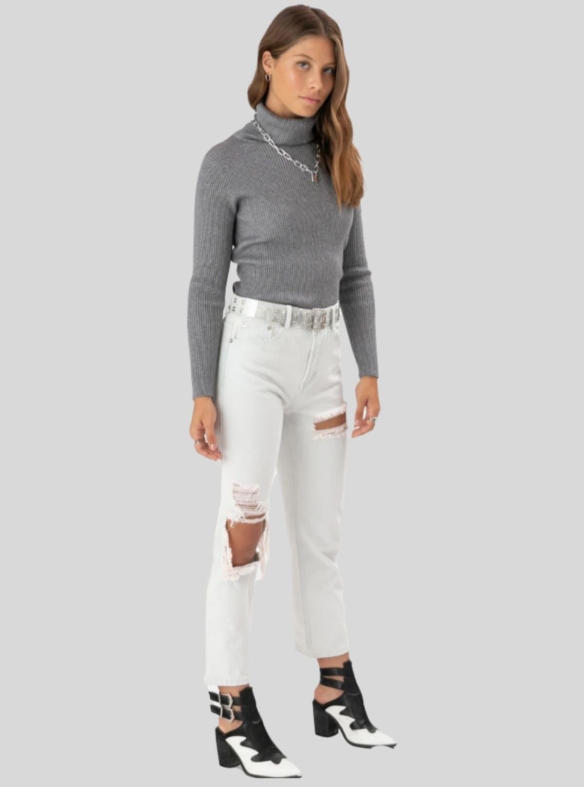 Women’s Dark Melange Ribbed Turtle Neck Pullover with Long Sleeves - Boer and Fitch