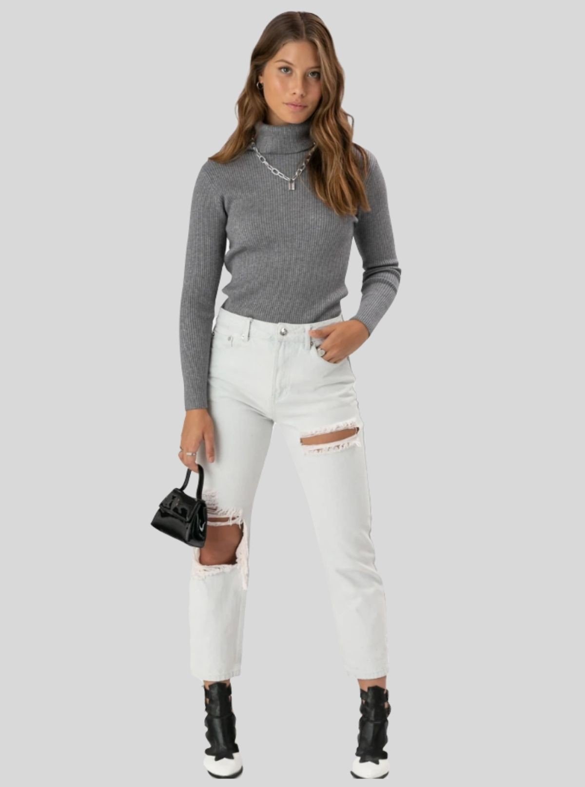 Women’s Dark Melange Ribbed Turtle Neck Pullover with Long Sleeves - Boer and Fitch