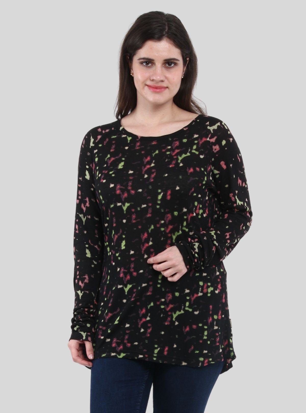 Women's Distressed Multicolor All - Over Print Cotton Blend Knit Top - Boer and Fitch