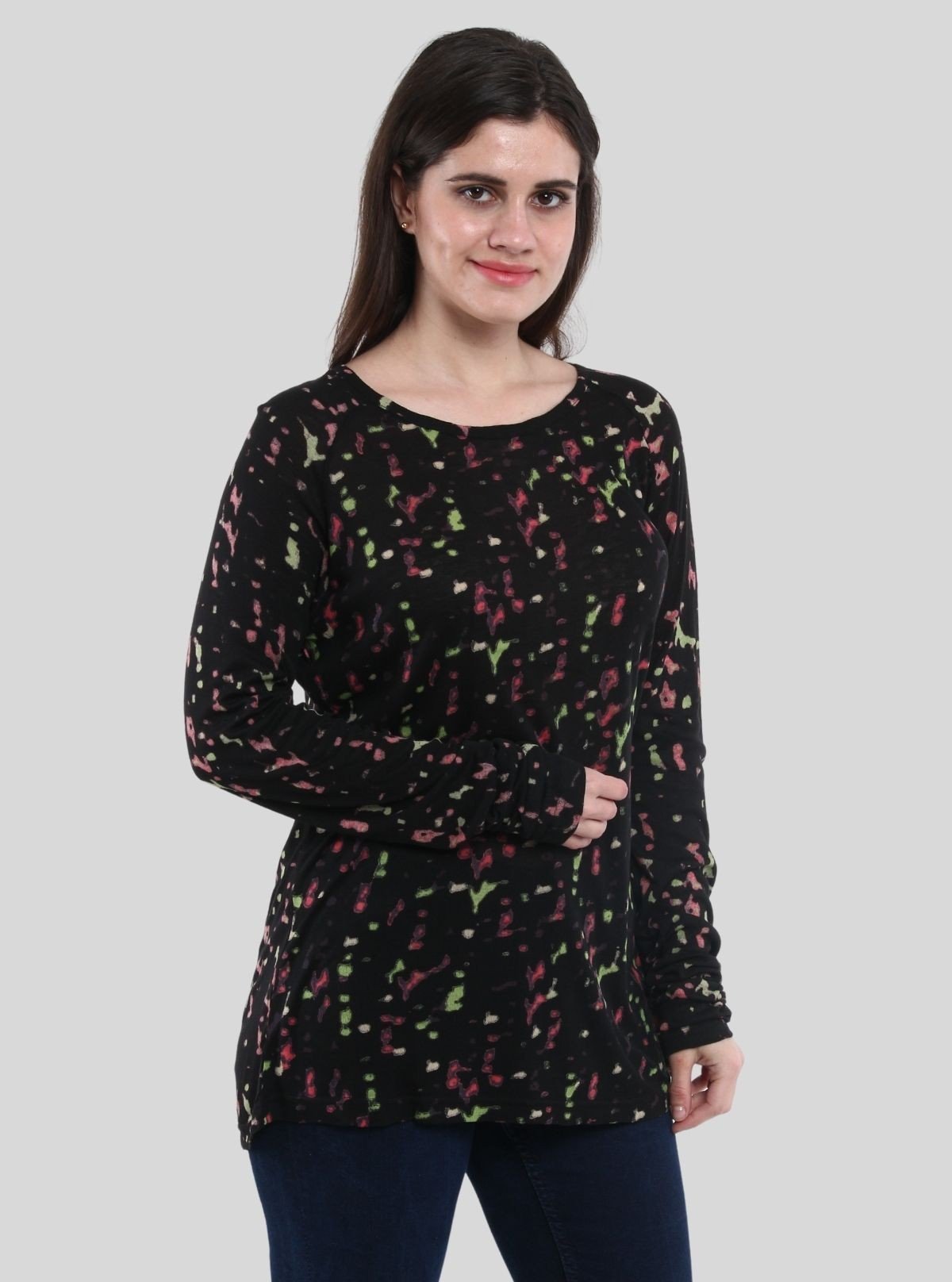 Women's Distressed Multicolor All - Over Print Cotton Blend Knit Top - Boer and Fitch