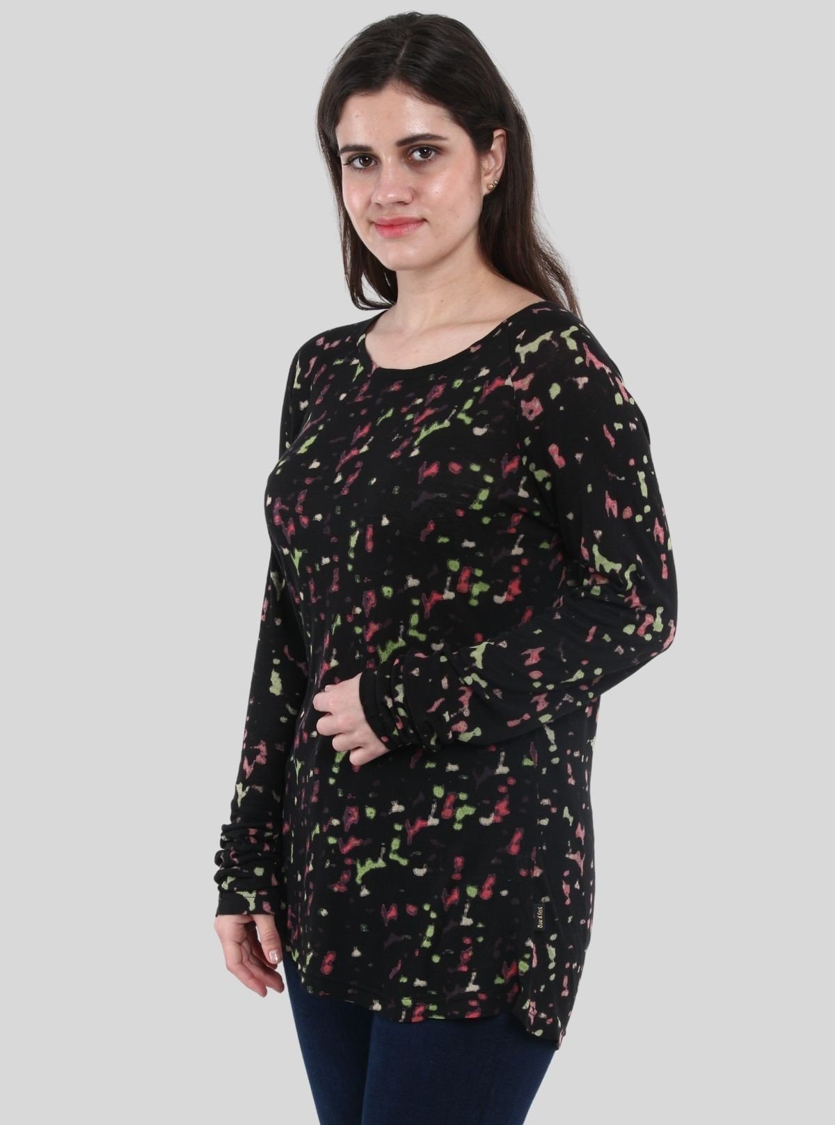 Women's Distressed Multicolor All - Over Print Cotton Blend Knit Top - Boer and Fitch