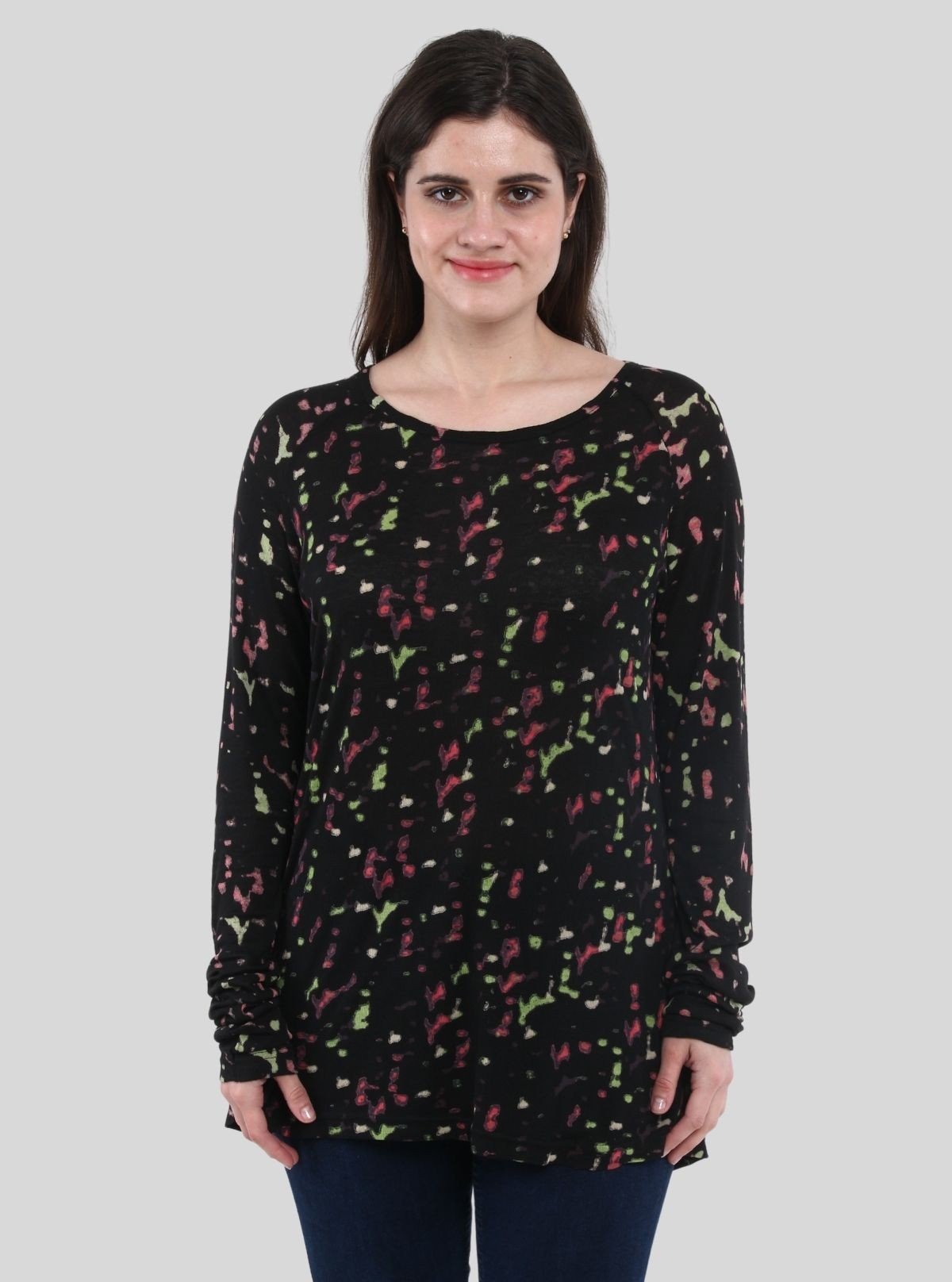 Women's Distressed Multicolor All - Over Print Cotton Blend Knit Top - Boer and Fitch
