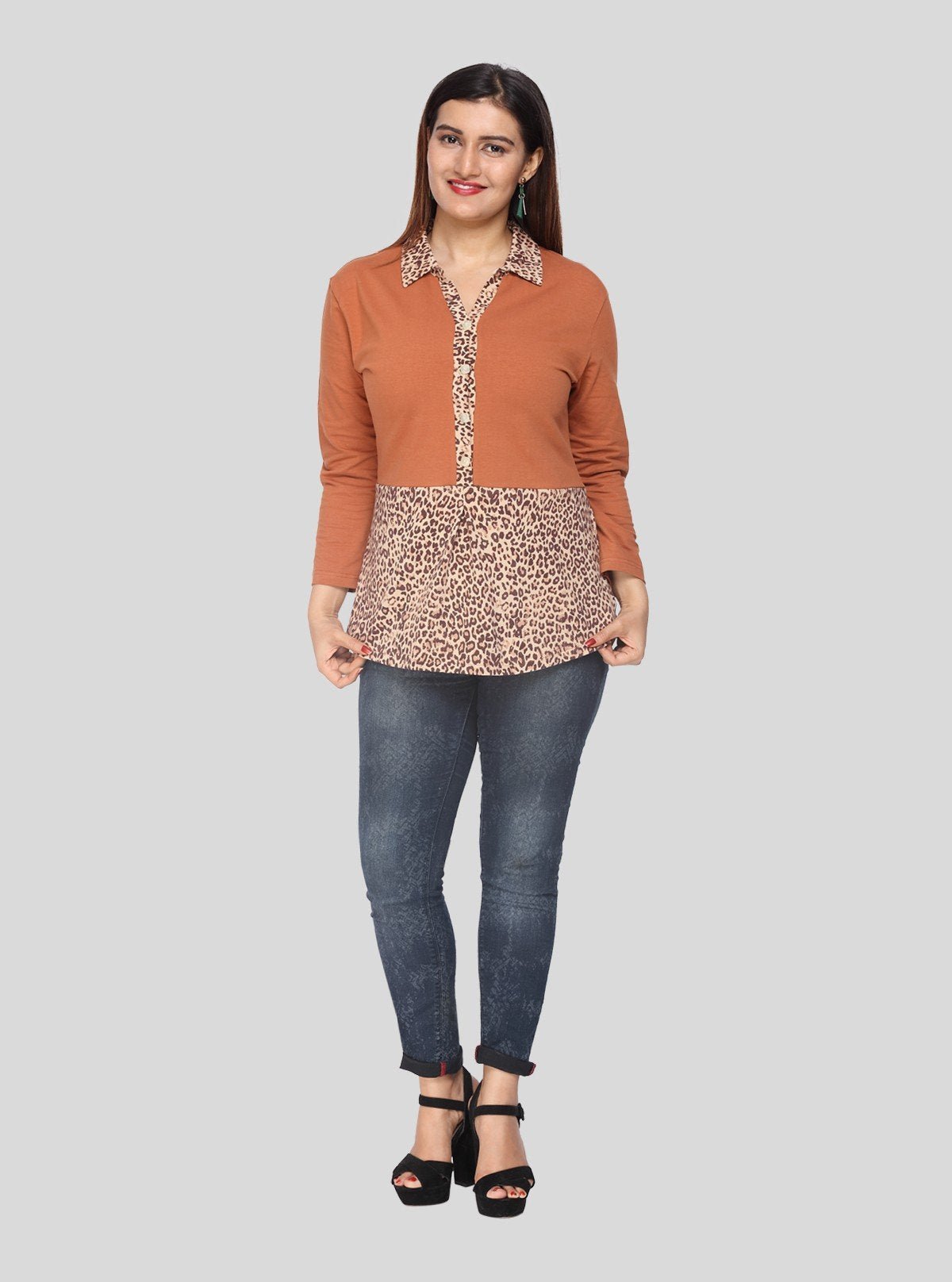 Women's Dusted Brown Cheetah Print Collared Neck Cotton Jersey Top with Long Sleeves | Boer & Fitch - Boer and Fitch