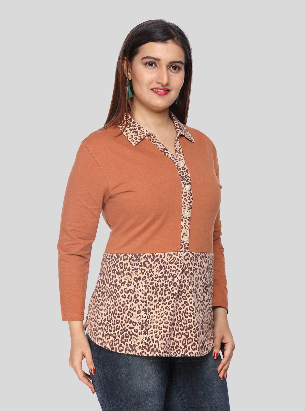 Women's Dusted Brown Cheetah Print Collared Neck Cotton Jersey Top with Long Sleeves | Boer & Fitch - Boer and Fitch