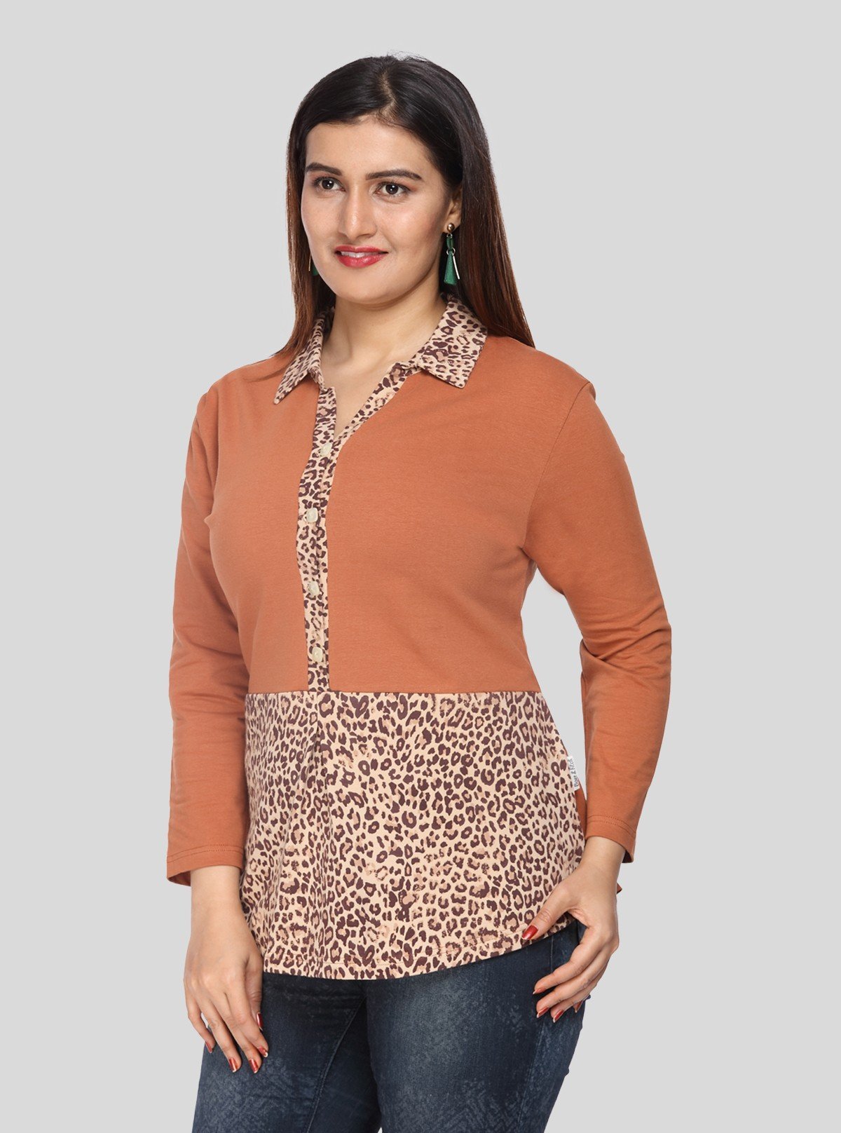Women's Dusted Brown Cheetah Print Collared Neck Cotton Jersey Top with Long Sleeves | Boer & Fitch - Boer and Fitch