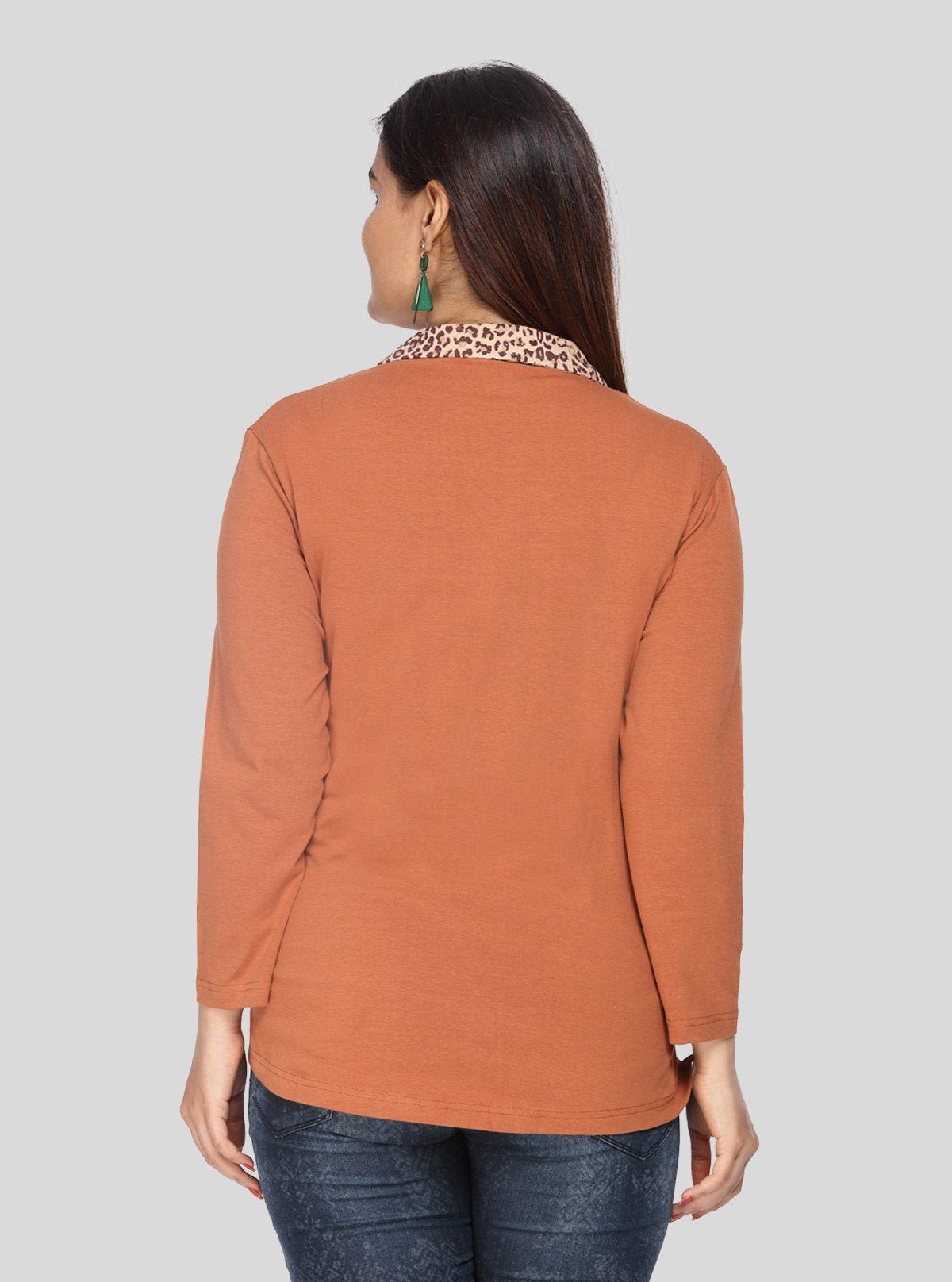 Women's Dusted Brown Cheetah Print Collared Neck Cotton Jersey Top with Long Sleeves | Boer & Fitch - Boer and Fitch