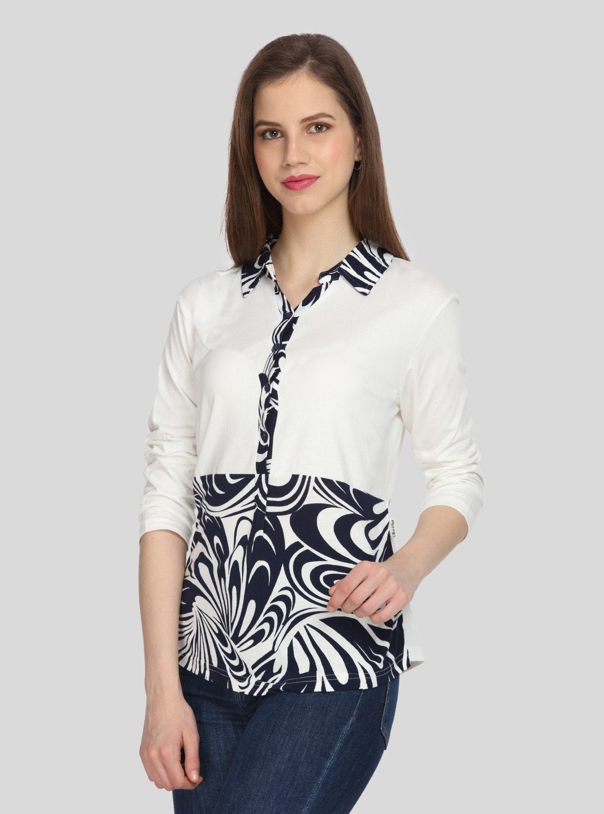 Women's Ecru Feather Print Collared Neck Top with Long Sleeves – Cotton Jersey | Boer & Fitch - Boer and Fitch