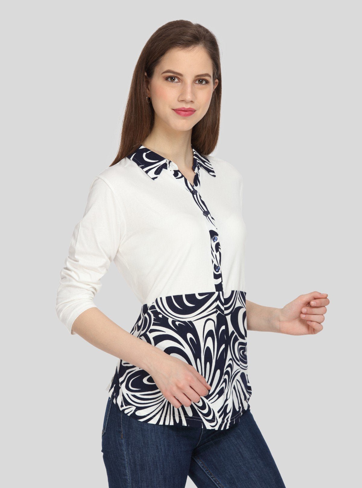 Women's Ecru Feather Print Collared Neck Top with Long Sleeves – Cotton Jersey | Boer & Fitch - Boer and Fitch