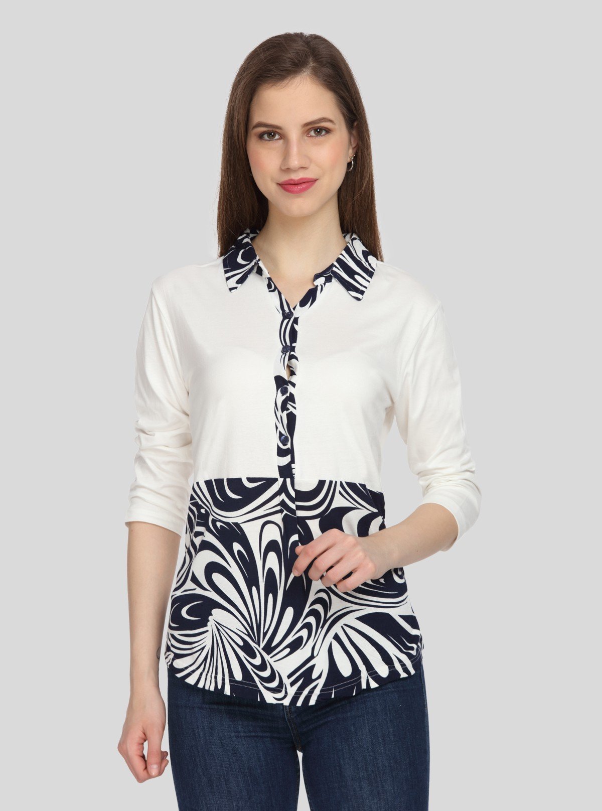 Women's Ecru Feather Print Collared Neck Top with Long Sleeves – Cotton Jersey | Boer & Fitch - Boer and Fitch