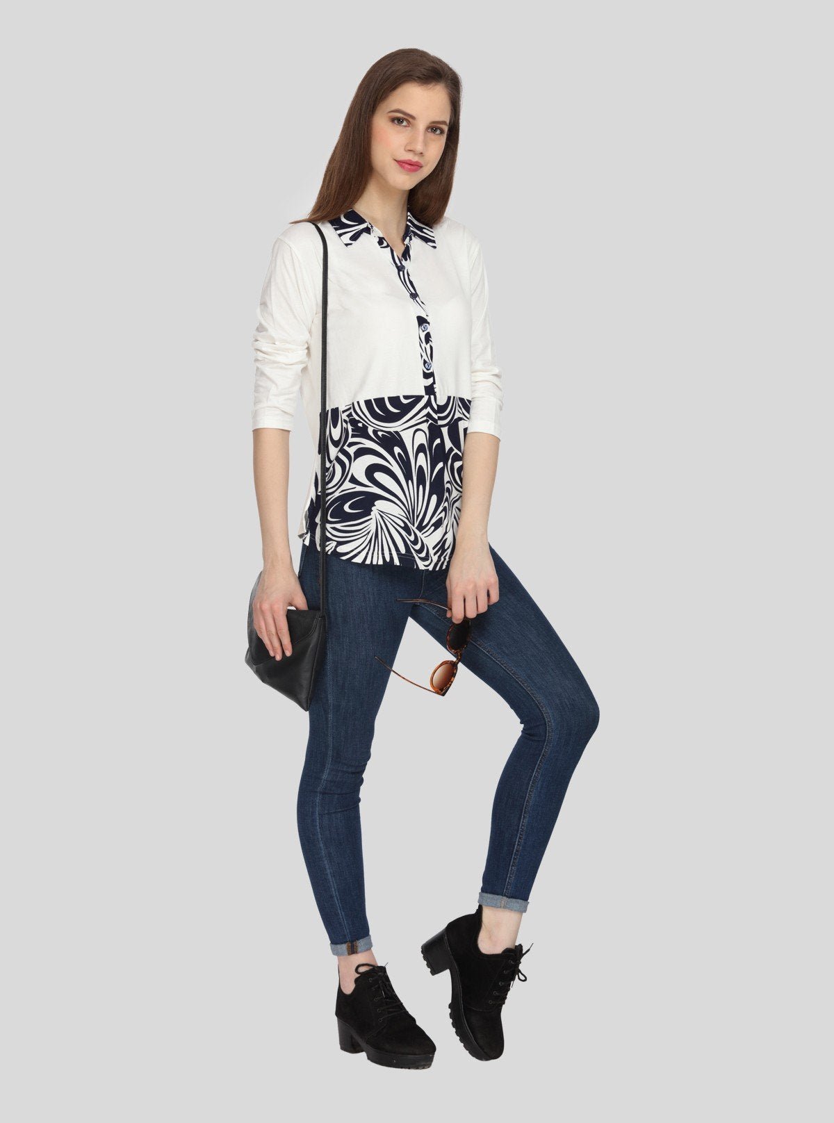 Women's Ecru Feather Print Collared Neck Top with Long Sleeves – Cotton Jersey | Boer & Fitch - Boer and Fitch