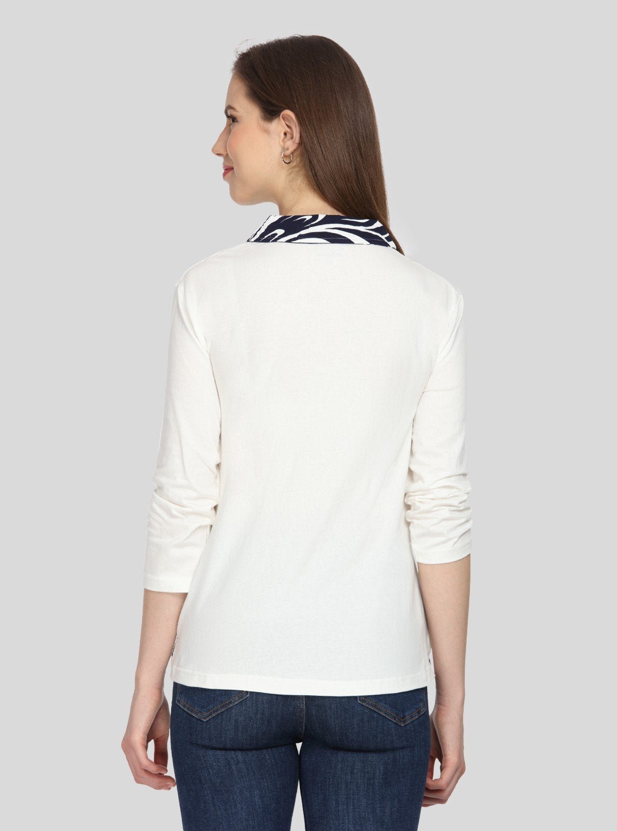 Women's Ecru Feather Print Collared Neck Top with Long Sleeves – Cotton Jersey | Boer & Fitch - Boer and Fitch