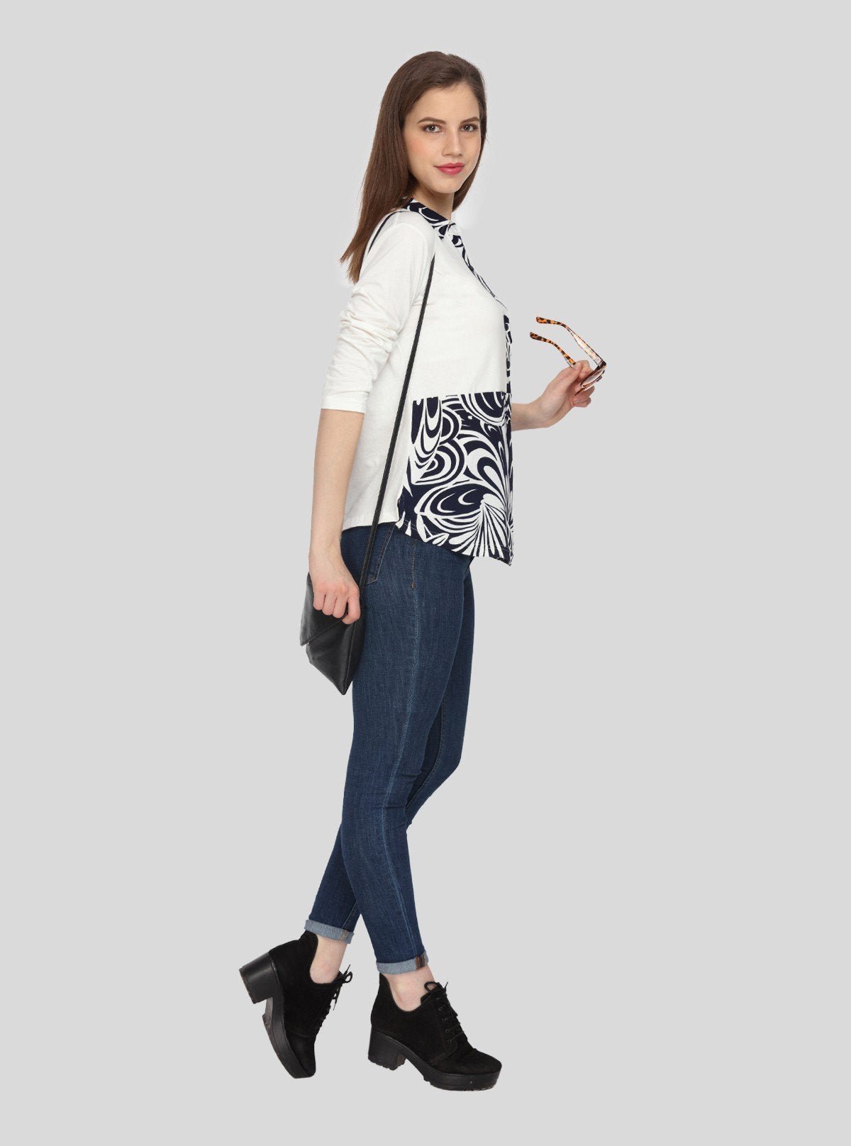 Women's Ecru Feather Print Collared Neck Top with Long Sleeves – Cotton Jersey | Boer & Fitch - Boer and Fitch