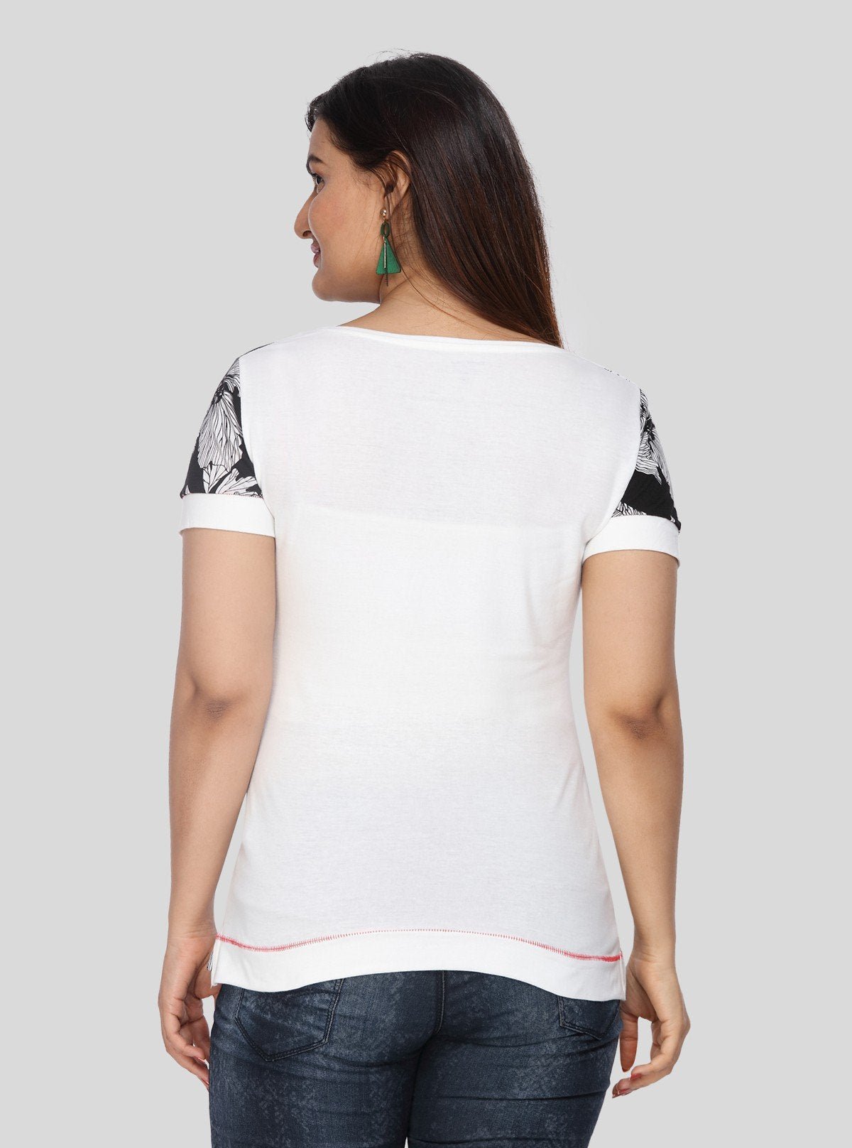 Women's Ecru Floral Cut and Sew Top in Cotton Elastane Jersey by Boer & Fitch - Boer and Fitch