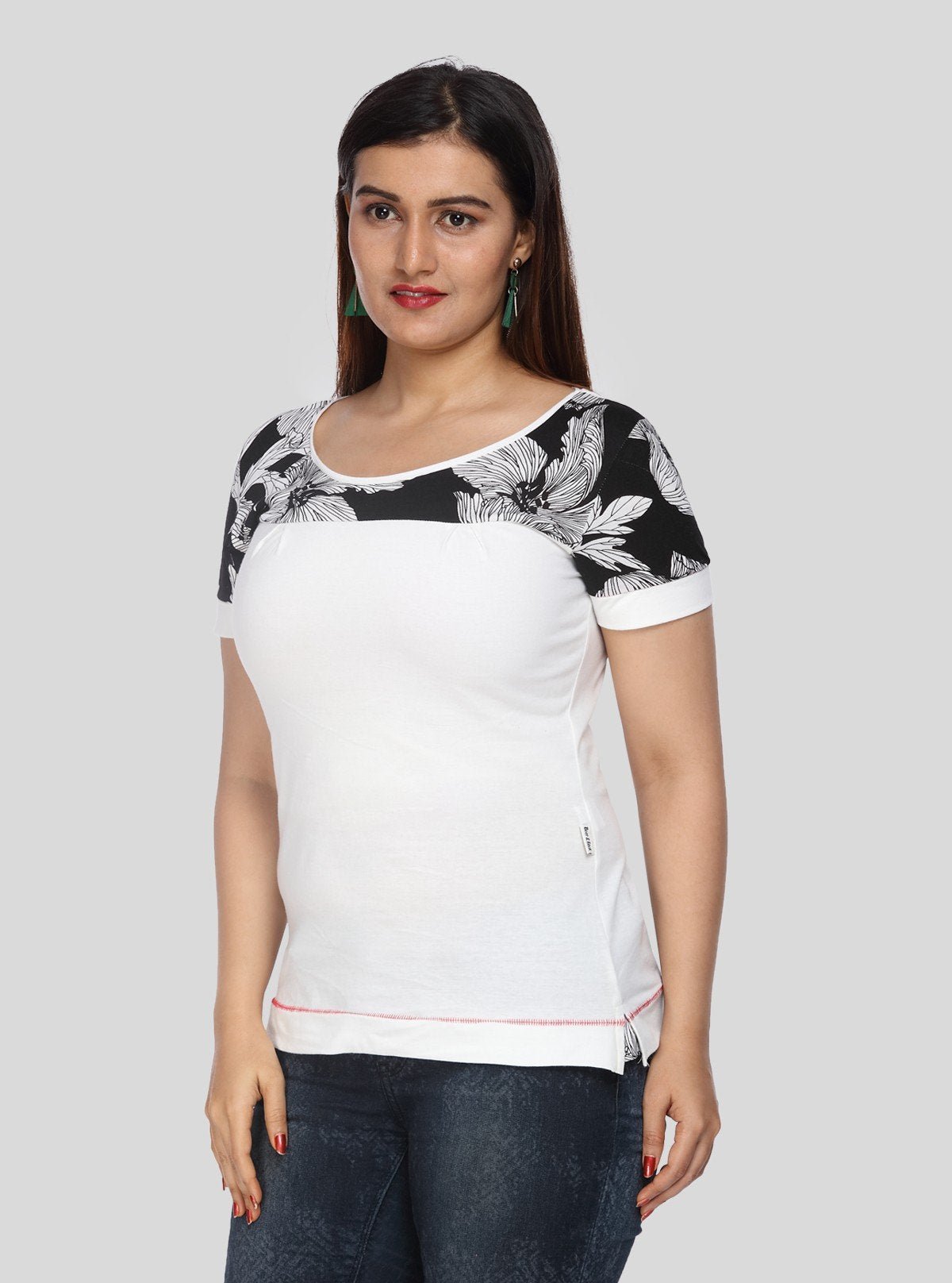 Women's Ecru Floral Cut and Sew Top in Cotton Elastane Jersey by Boer & Fitch - Boer and Fitch